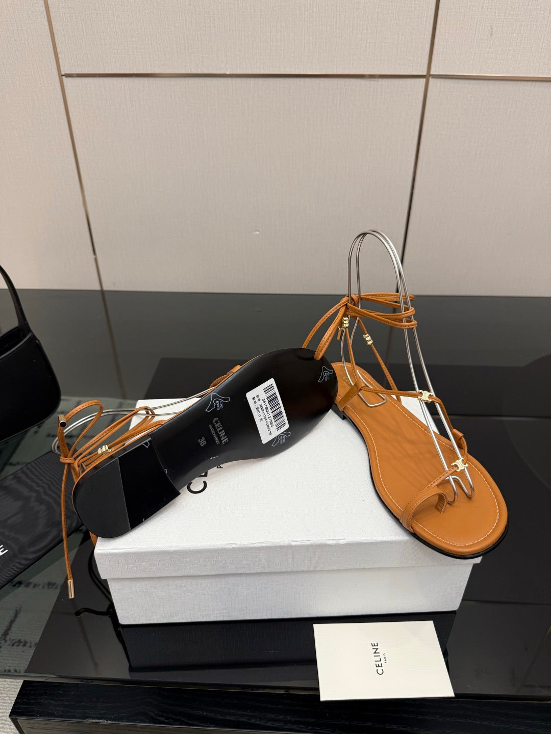 CELINE 26S TRIOMPHE LACE UP FLAT SANDALS IN TAN BROWN CALFSKIN