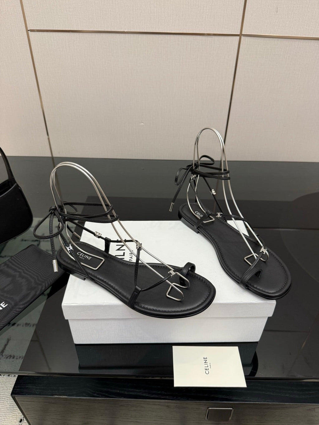 CELINE 26S TRIOMPHE LACE UP FLAT SANDALS IN BLACK CALFSKIN