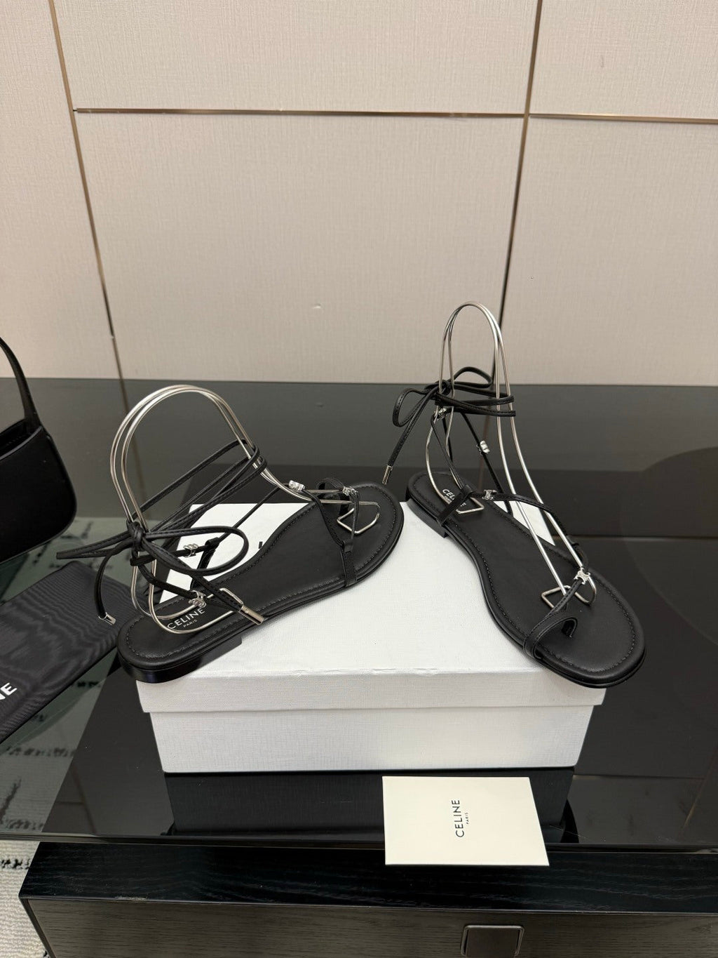 CELINE 26S TRIOMPHE LACE UP FLAT SANDALS IN BLACK CALFSKIN