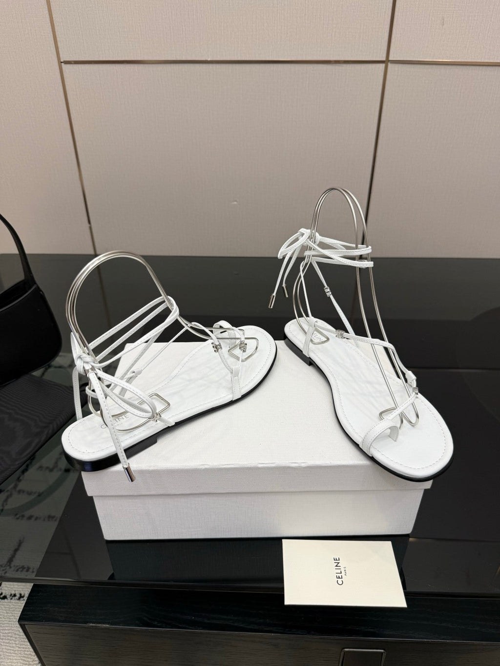 CELINE 26S TRIOMPHE LACE UP FLAT SANDALS IN WHITE CALFSKIN