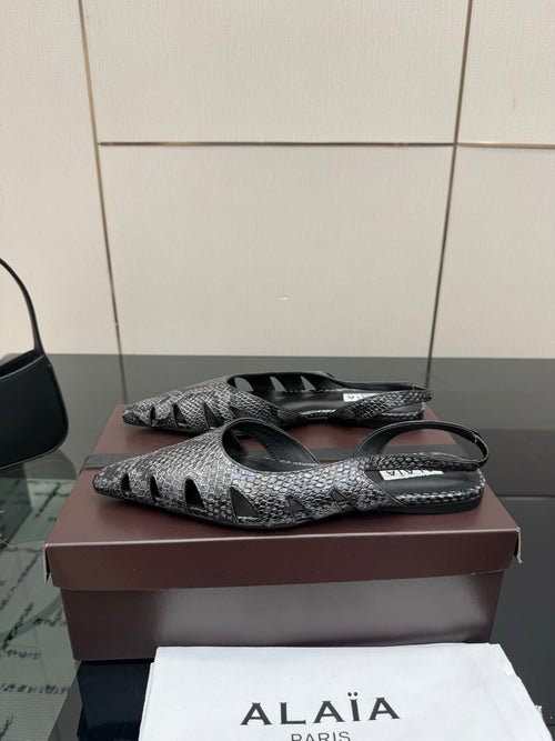 ALAIA 26S CUT-OUT SLINGBACK FLATS IN BLACK PYTHON-EMBOSSED LEATHER