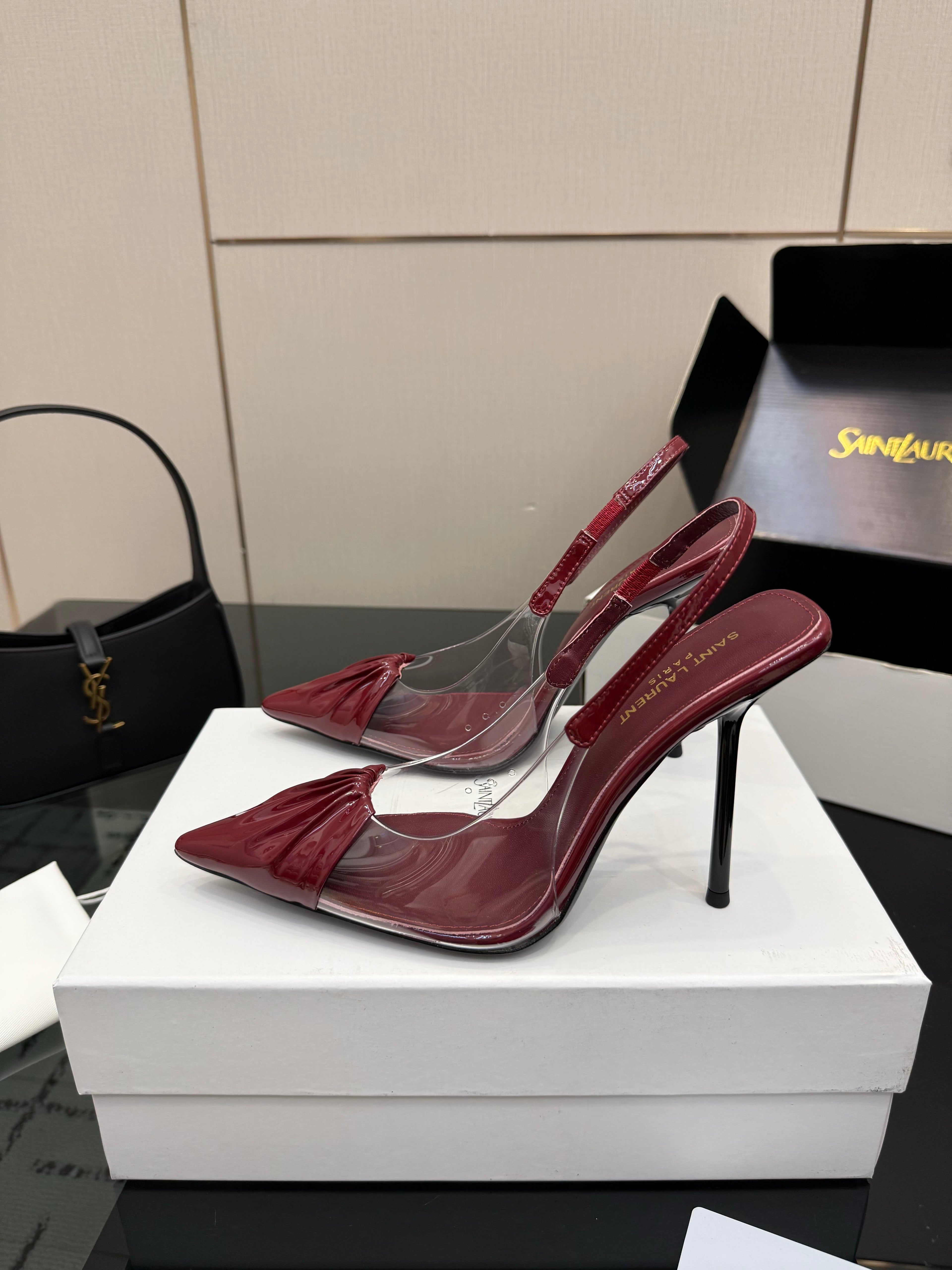 YSL 26S PLEATED SLINGBACK HEELS 105 MM IN DARK RED GLOSSY CALFSKIN AND PVC
