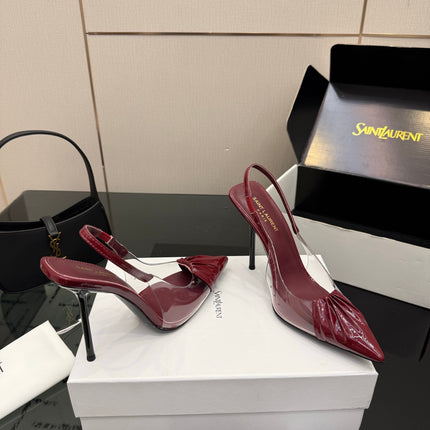 YSL 26S PLEATED SLINGBACK HEELS 105 MM IN DARK RED GLOSSY CALFSKIN AND PVC
