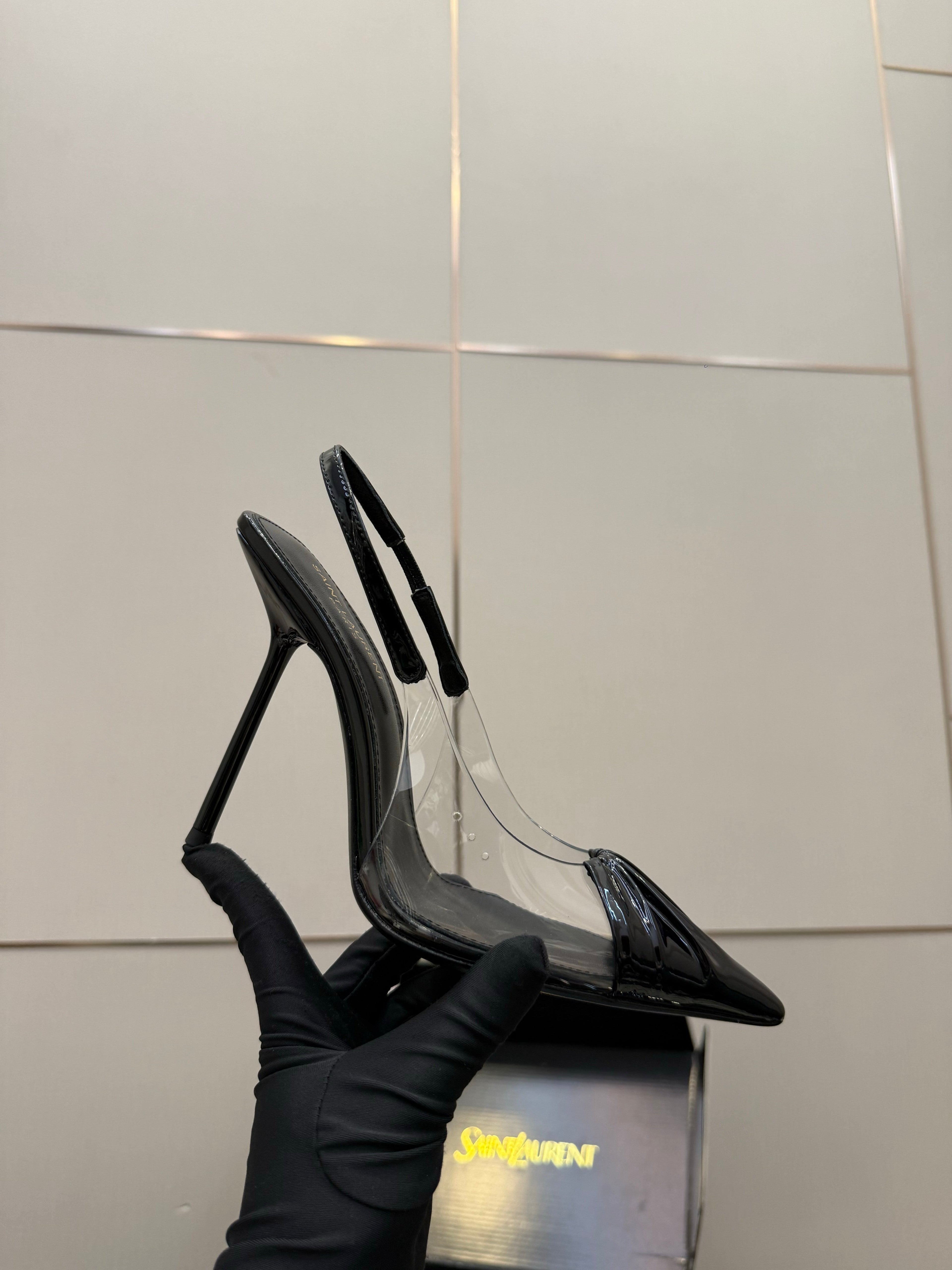 YSL 26S PLEATED SLINGBACK HEELS 105 MM IN BLACK GLOSSY CALFSKIN AND PVC