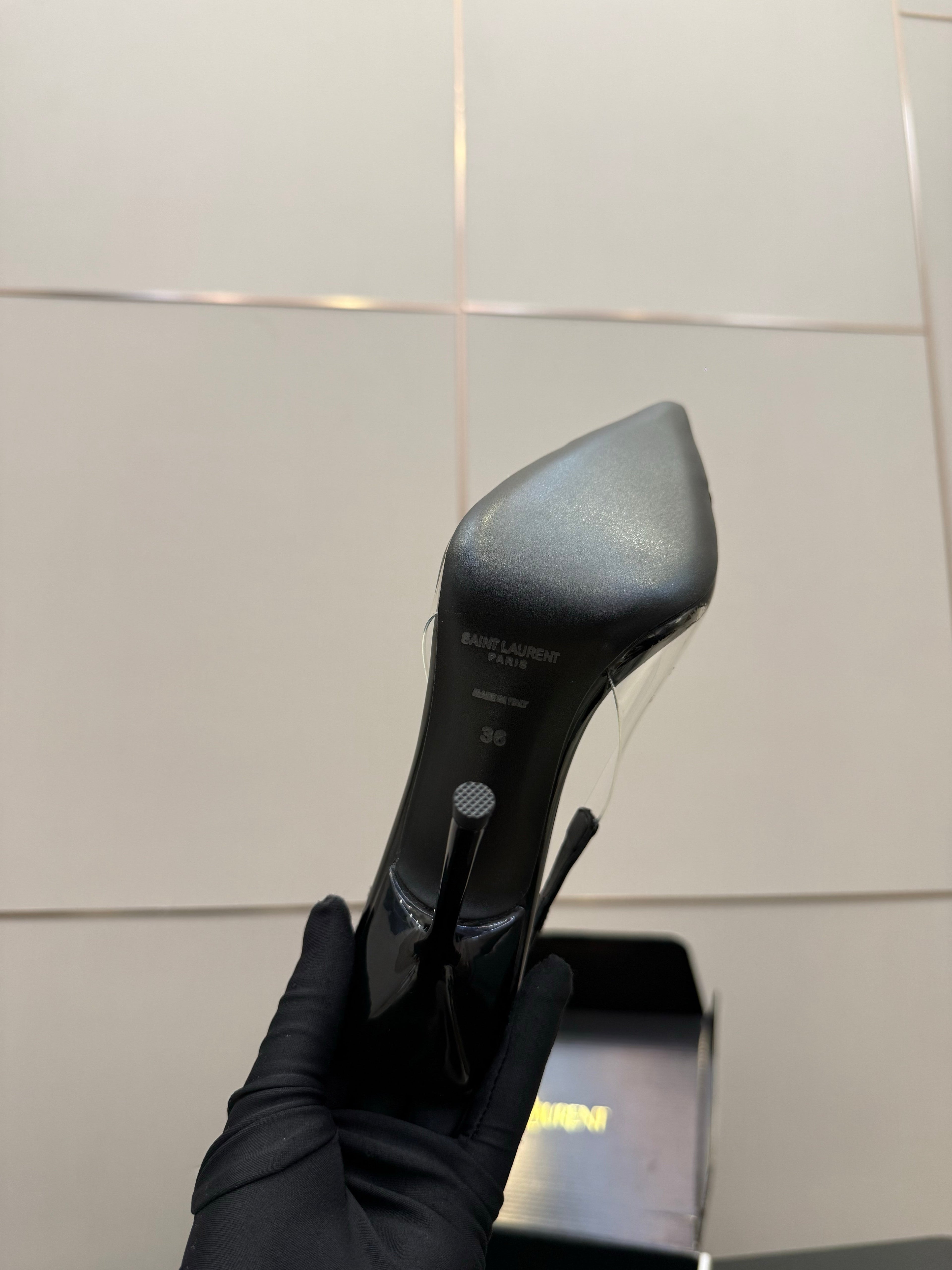 YSL 26S PLEATED SLINGBACK HEELS 105 MM IN BLACK GLOSSY CALFSKIN AND PVC