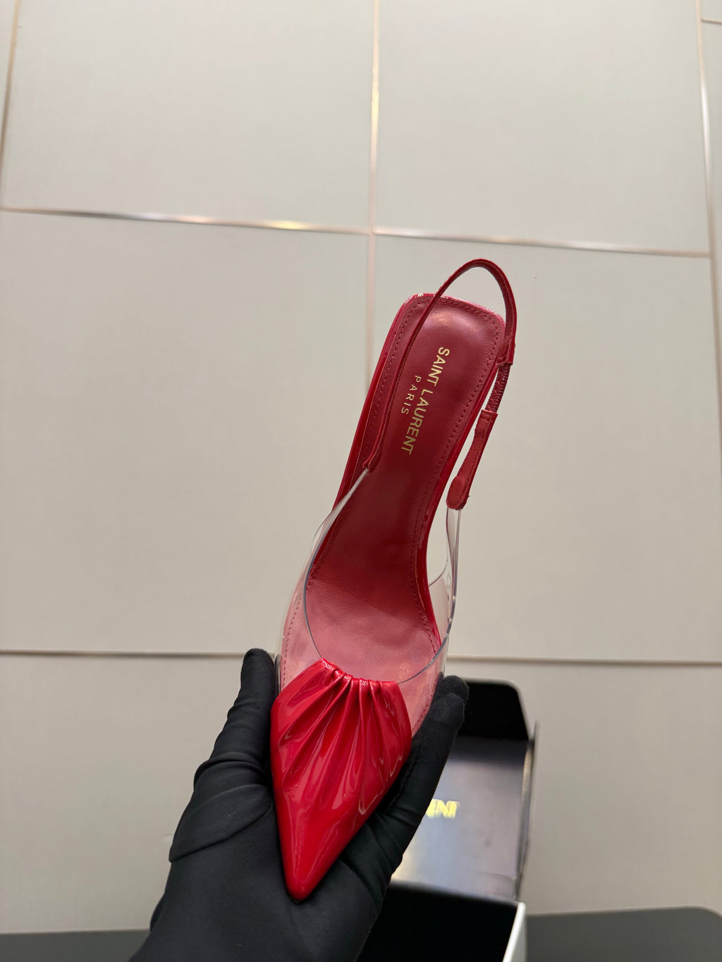 YSL 26S PLEATED SLINGBACK HEELS 105 MM IN RED GLOSSY CALFSKIN AND PVC