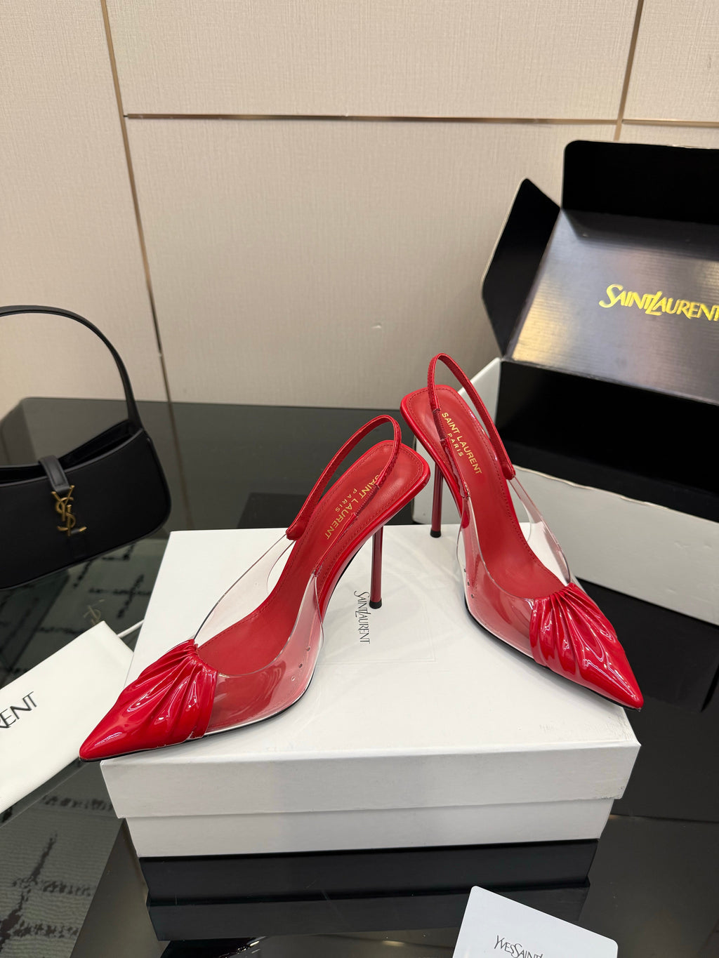 YSL 26S PLEATED SLINGBACK HEELS 105 MM IN RED GLOSSY CALFSKIN AND PVC