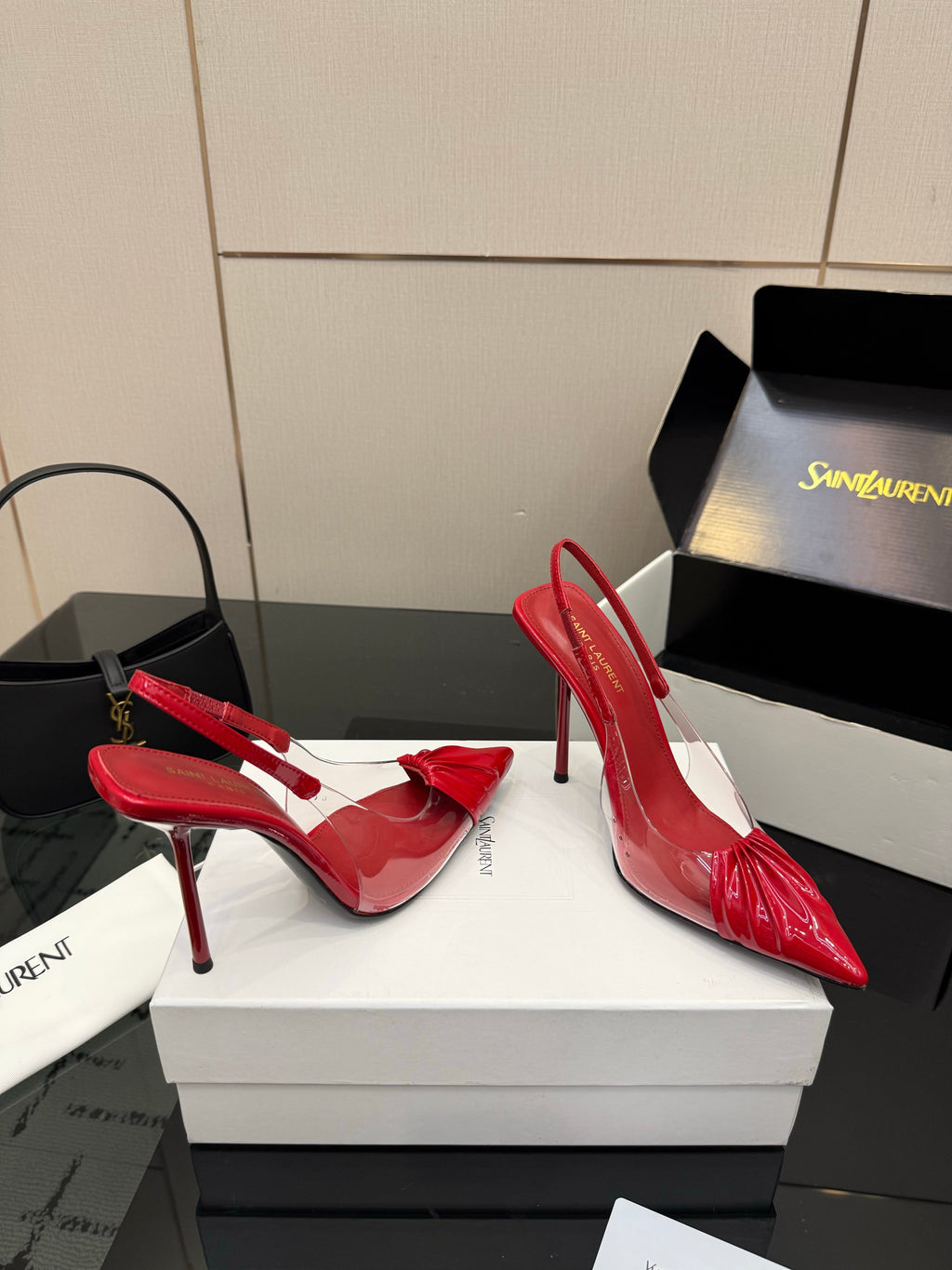 YSL 26S PLEATED SLINGBACK HEELS 105 MM IN RED GLOSSY CALFSKIN AND PVC