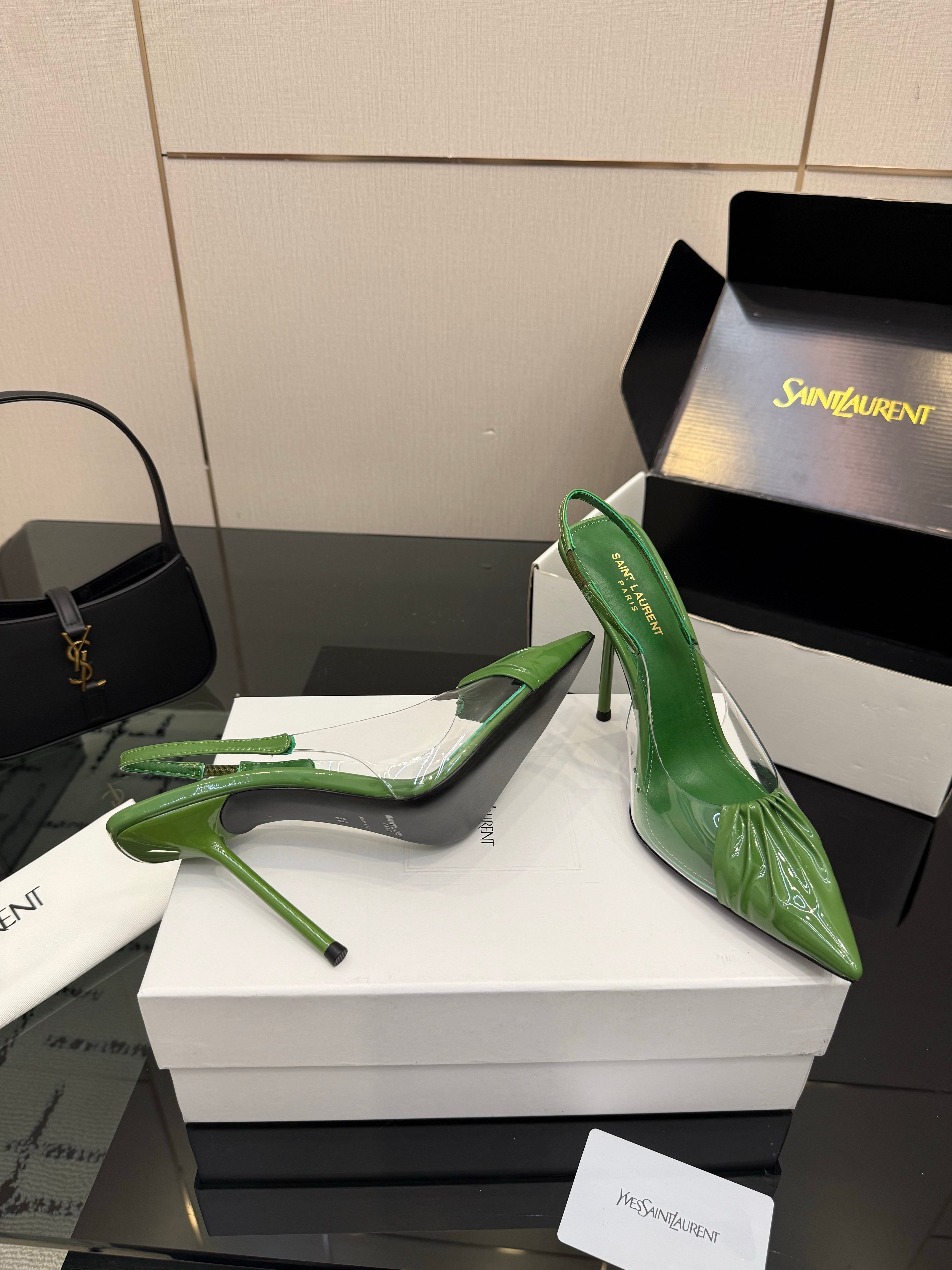 YSL 26S PLEATED SLINGBACK HEELS 105 MM IN GREEN GLOSSY CALFSKIN AND PVC