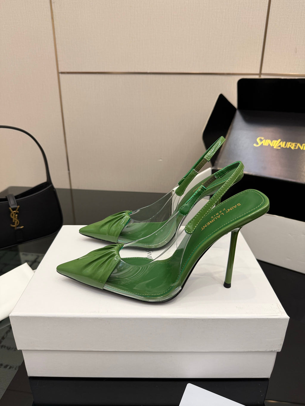 YSL 26S PLEATED SLINGBACK HEELS 105 MM IN GREEN GLOSSY CALFSKIN AND PVC