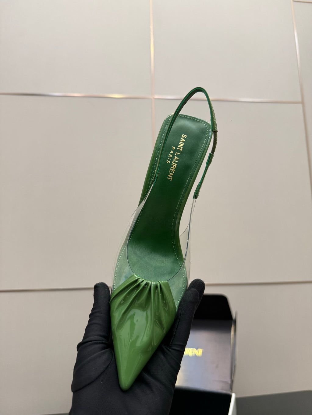 YSL 26S PLEATED SLINGBACK HEELS 105 MM IN GREEN GLOSSY CALFSKIN AND PVC