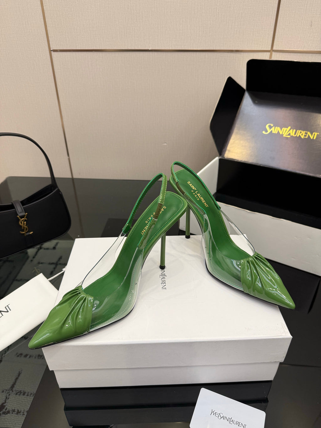 YSL 26S PLEATED SLINGBACK HEELS 105 MM IN GREEN GLOSSY CALFSKIN AND PVC