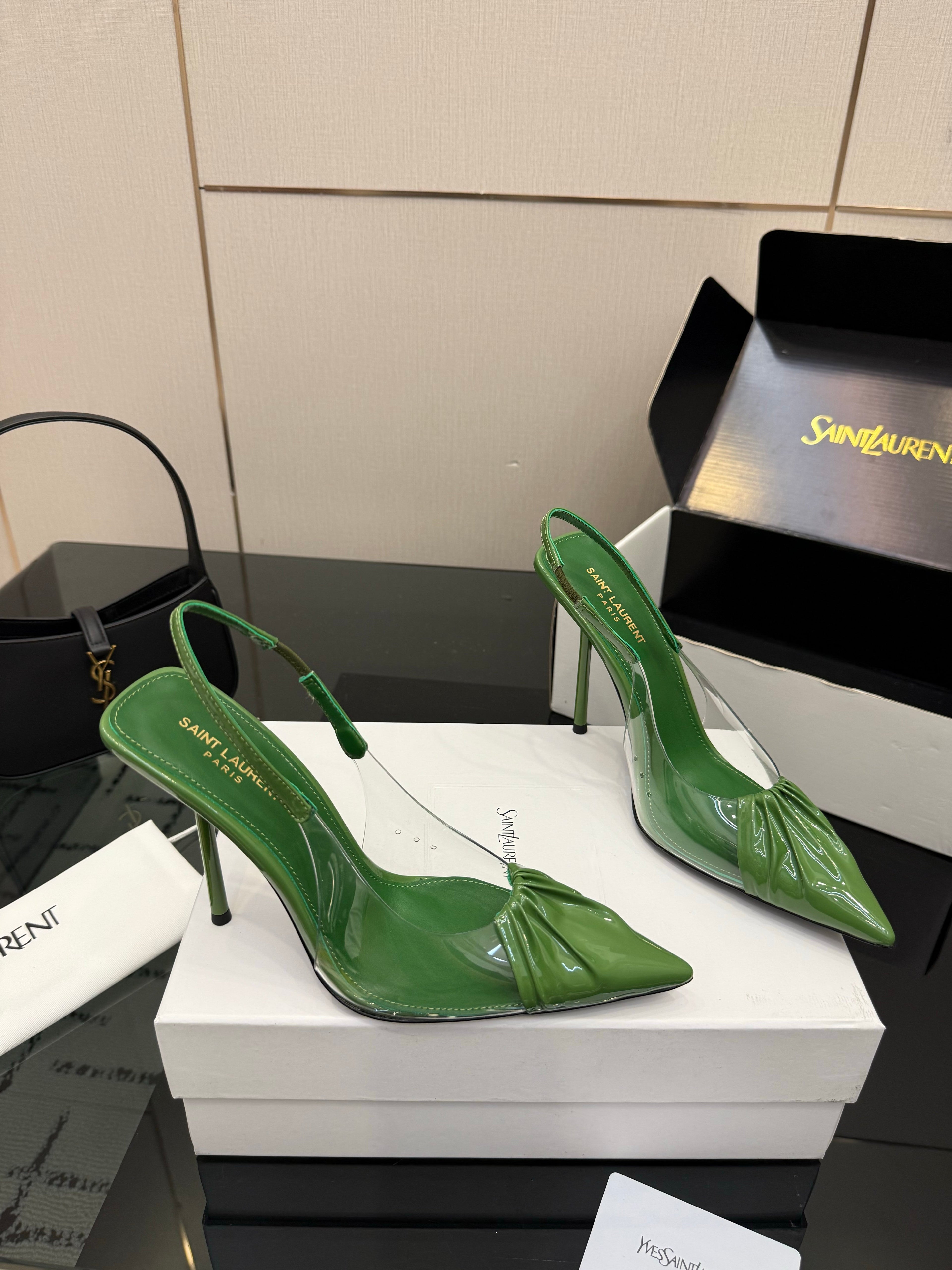 YSL 26S PLEATED SLINGBACK HEELS 105 MM IN GREEN GLOSSY CALFSKIN AND PVC