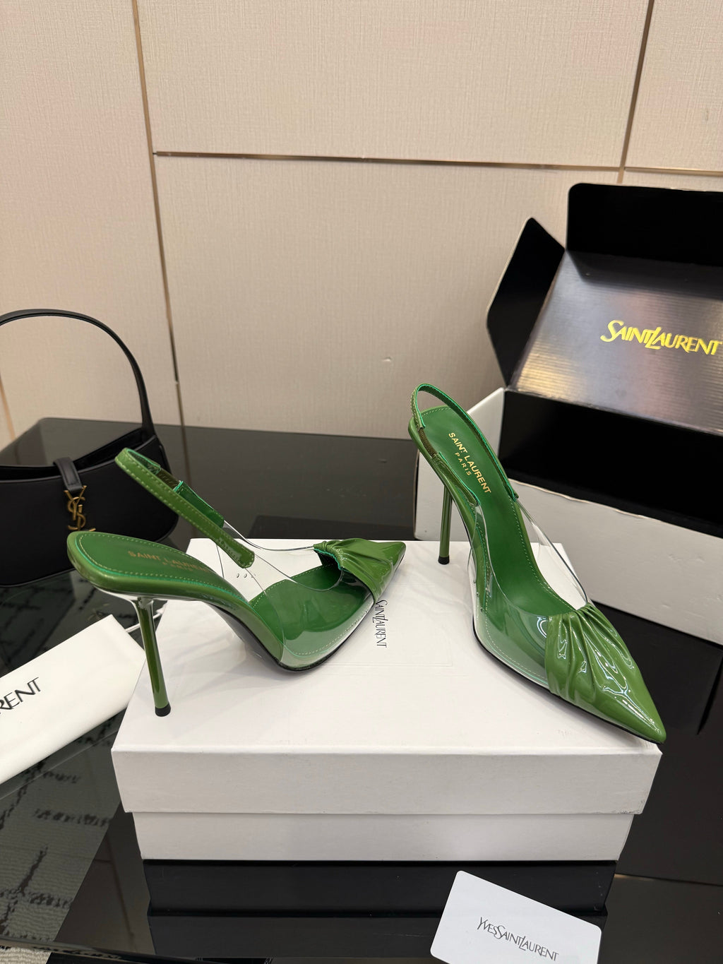 YSL 26S PLEATED SLINGBACK HEELS 105 MM IN GREEN GLOSSY CALFSKIN AND PVC