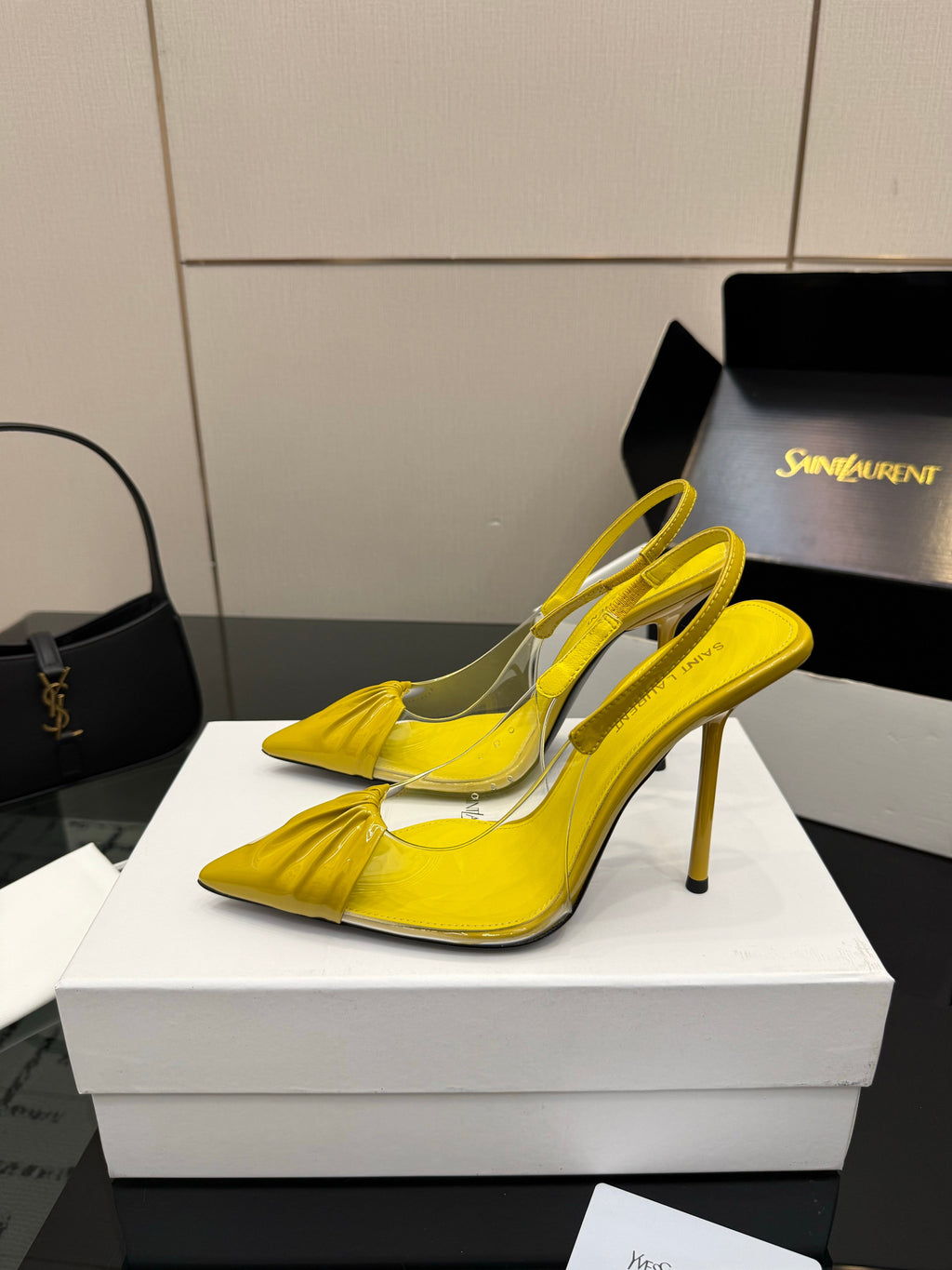 YSL 26S PLEATED SLINGBACK HEELS 105 MM IN YELLOW GLOSSY CALFSKIN AND PVC