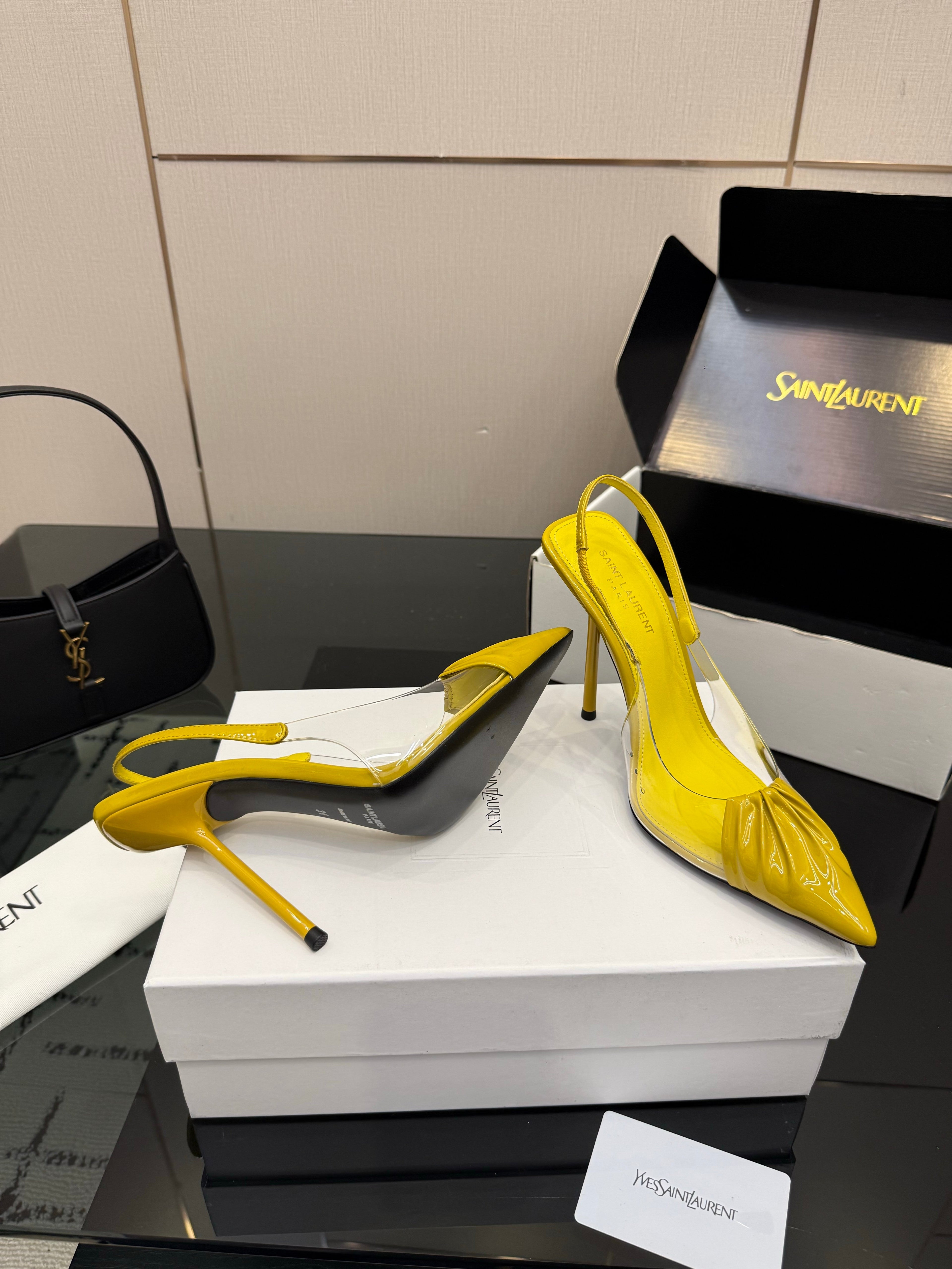YSL 26S PLEATED SLINGBACK HEELS 105 MM IN YELLOW GLOSSY CALFSKIN AND PVC