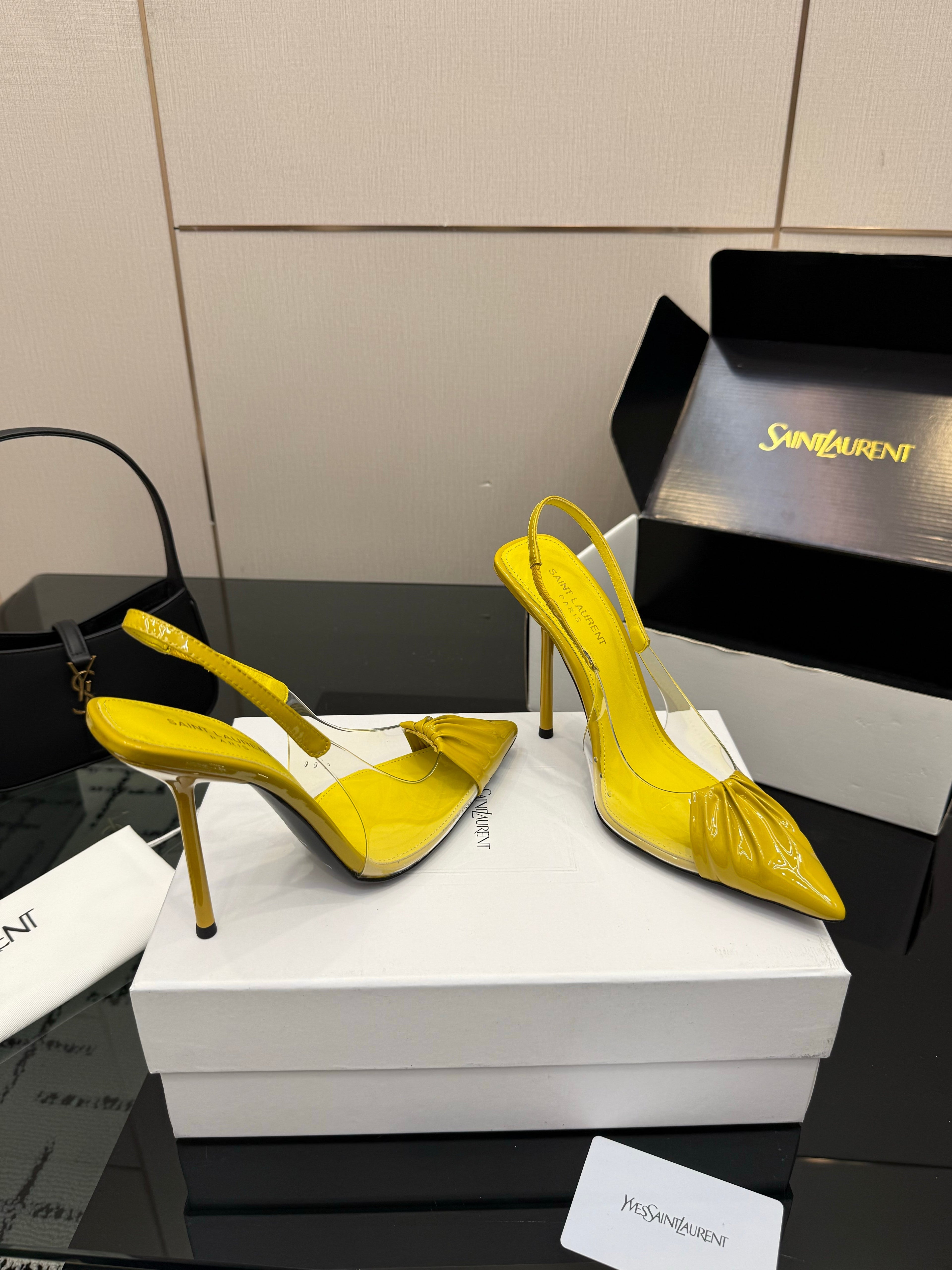 YSL 26S PLEATED SLINGBACK HEELS 105 MM IN YELLOW GLOSSY CALFSKIN AND PVC