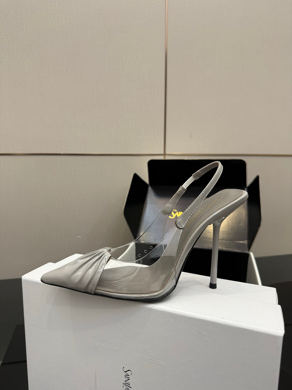 YSL 26S PLEATED SLINGBACK HEELS 105 MM IN GREY GLOSSY CALFSKIN AND PVC