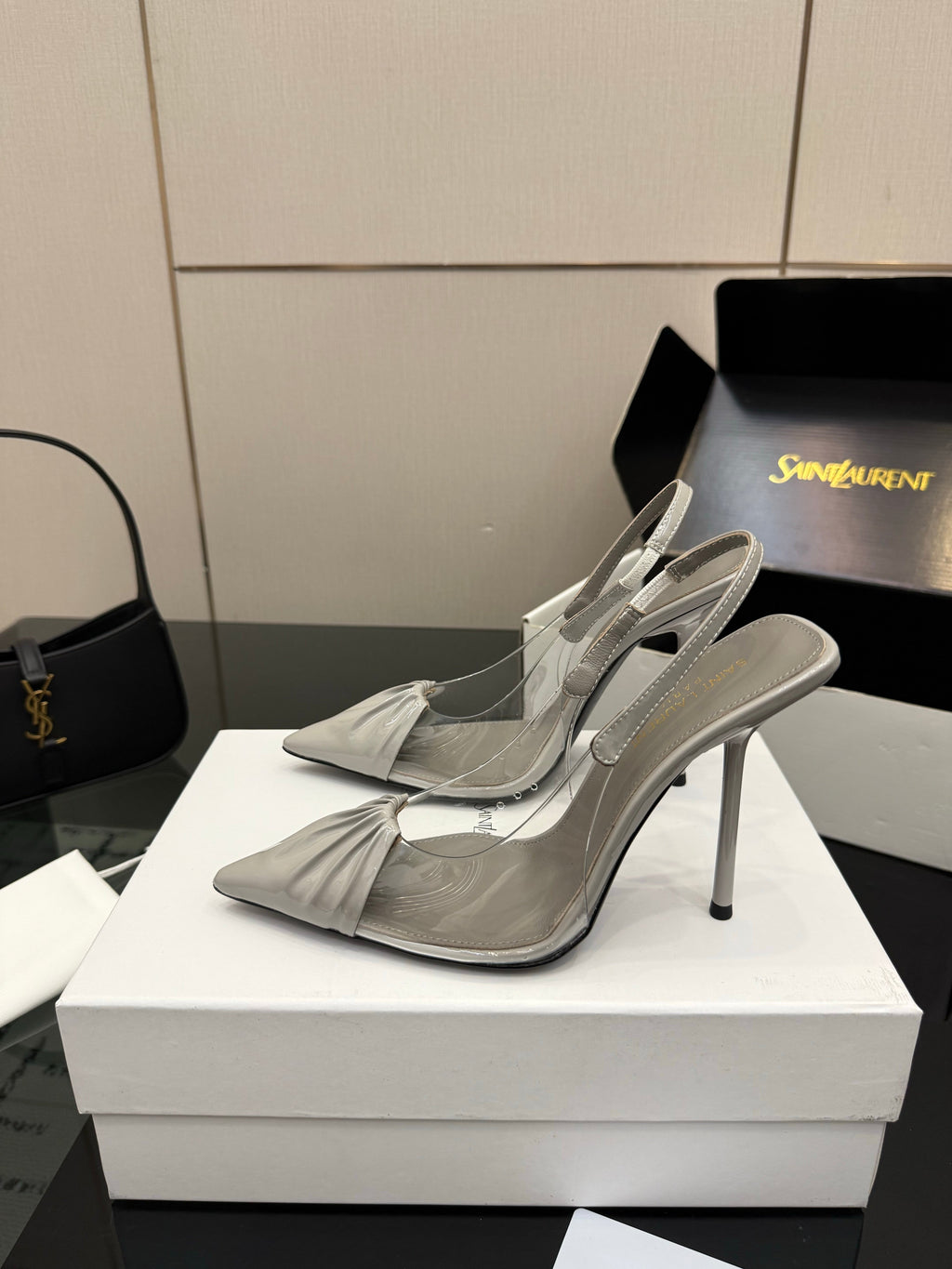 YSL 26S PLEATED SLINGBACK HEELS 105 MM IN GREY GLOSSY CALFSKIN AND PVC