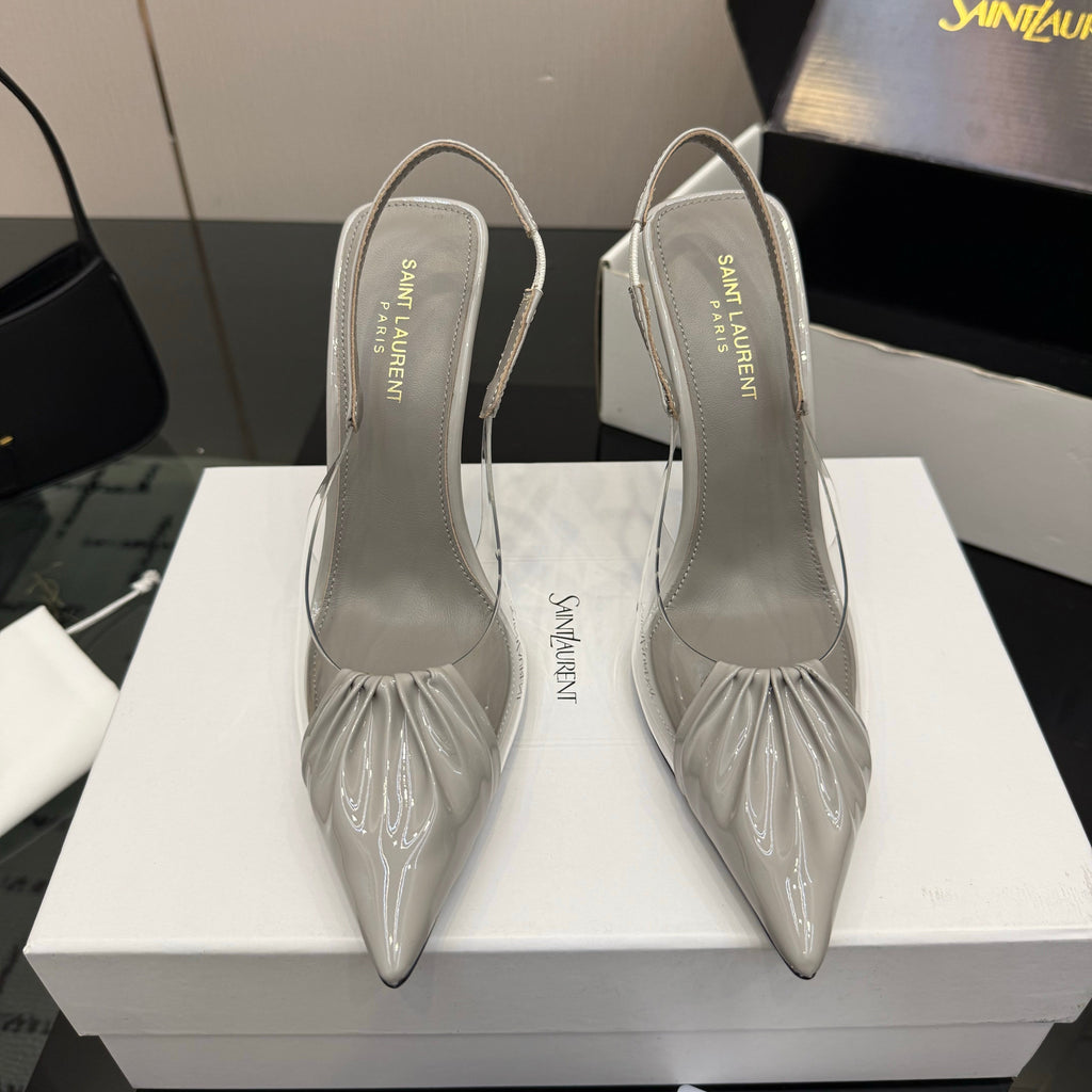 YSL 26S PLEATED SLINGBACK HEELS 105 MM IN GREY GLOSSY CALFSKIN AND PVC
