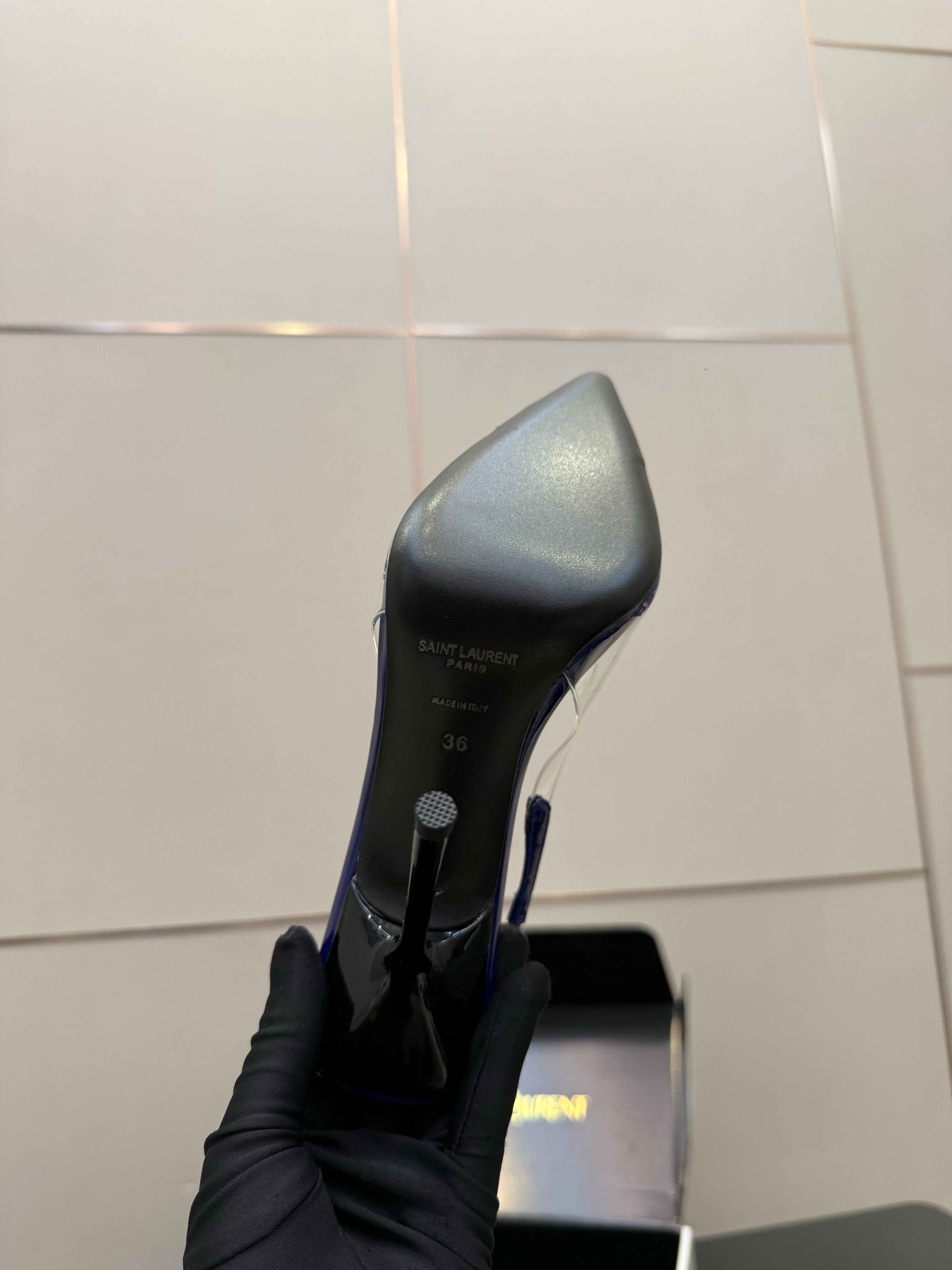 YSL 26S PLEATED SLINGBACK HEELS 105 MM IN NAVY BLUE GLOSSY CALFSKIN AND PVC