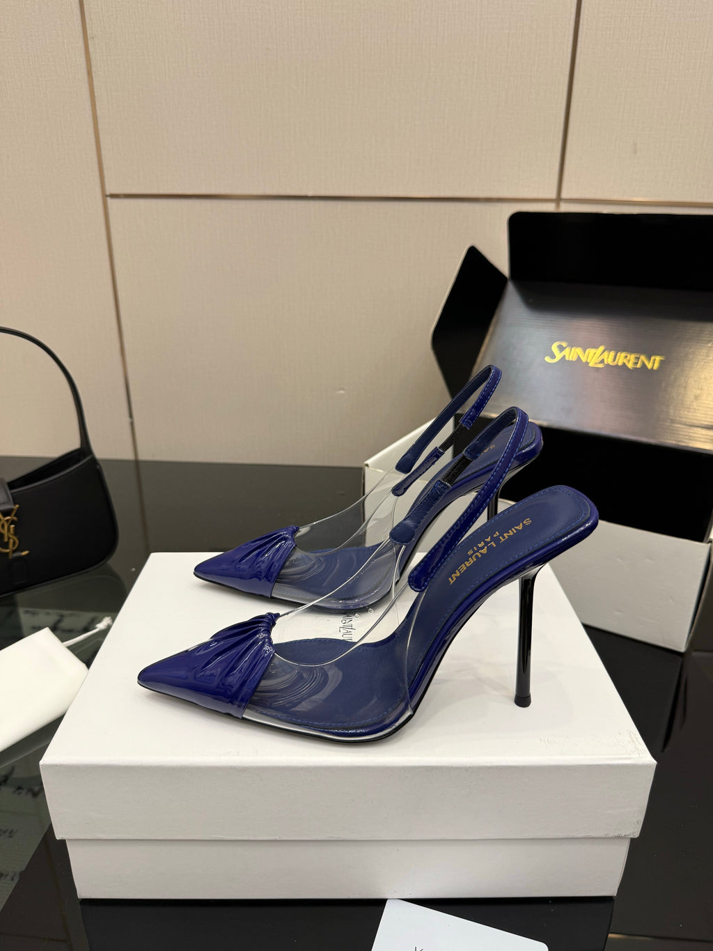 YSL 26S PLEATED SLINGBACK HEELS 105 MM IN NAVY BLUE GLOSSY CALFSKIN AND PVC
