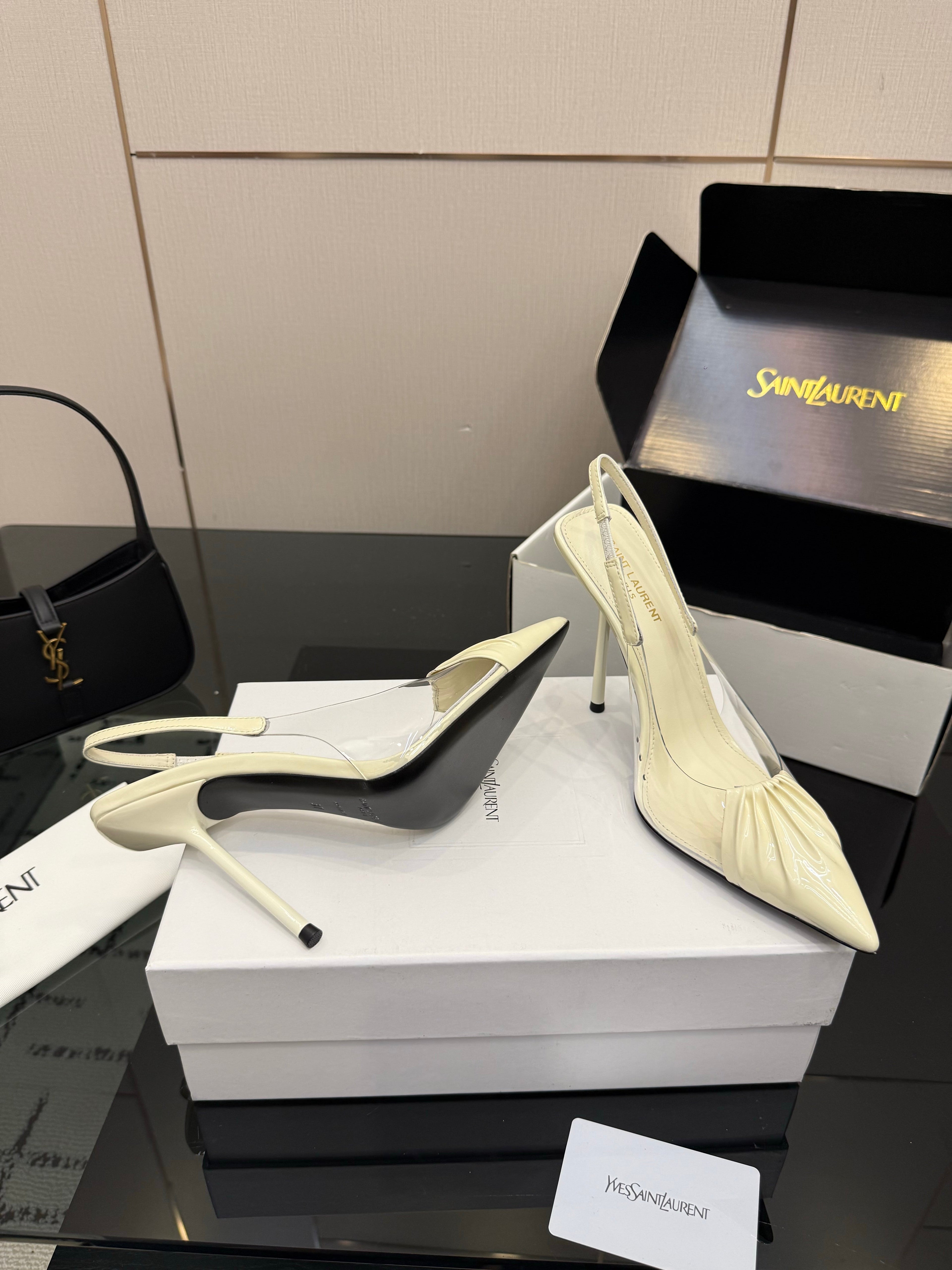YSL 26S PLEATED SLINGBACK HEELS 105 MM IN CREAM WHITE GLOSSY CALFSKIN AND PVC