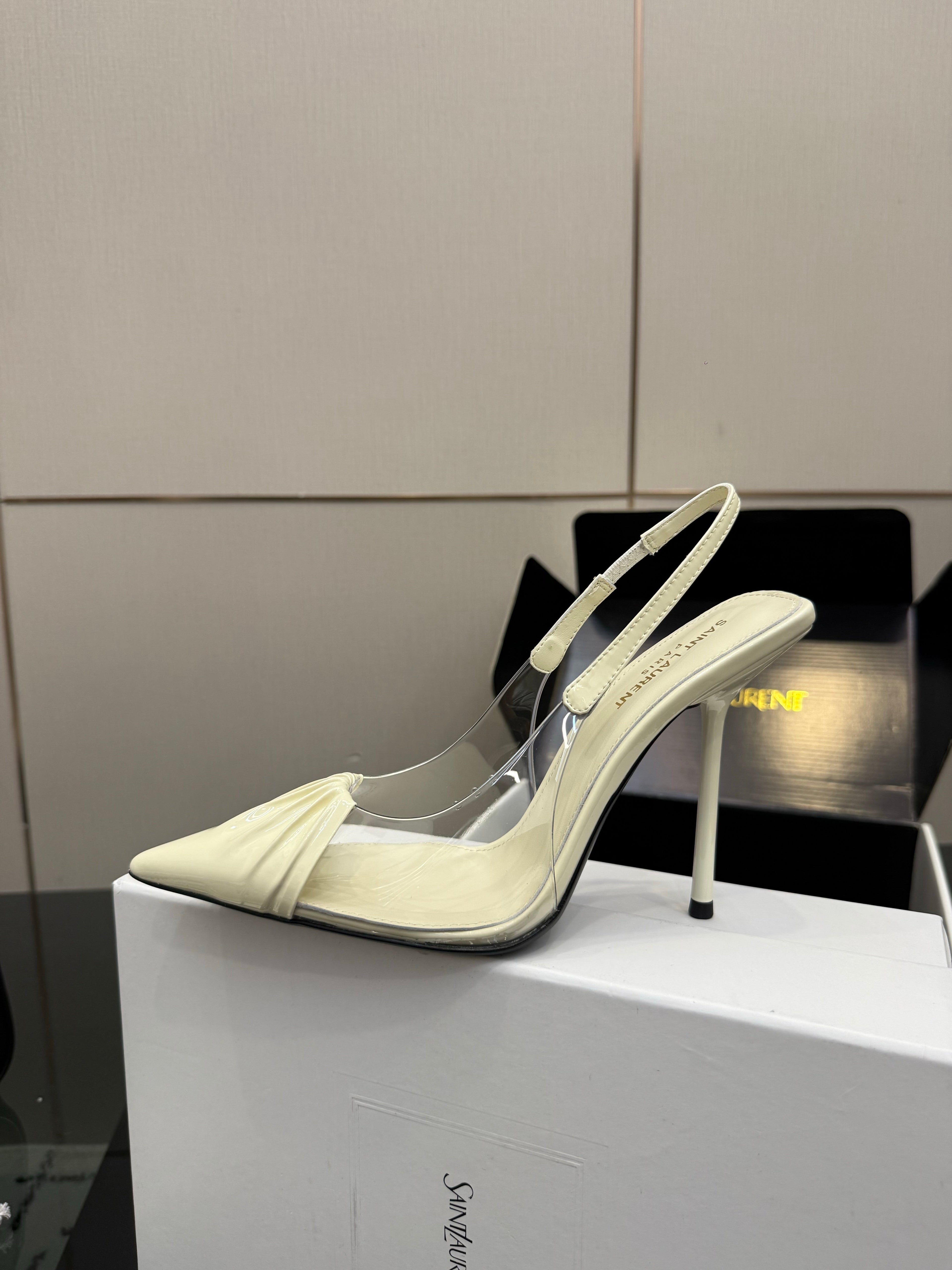 YSL 26S PLEATED SLINGBACK HEELS 105 MM IN CREAM WHITE GLOSSY CALFSKIN AND PVC