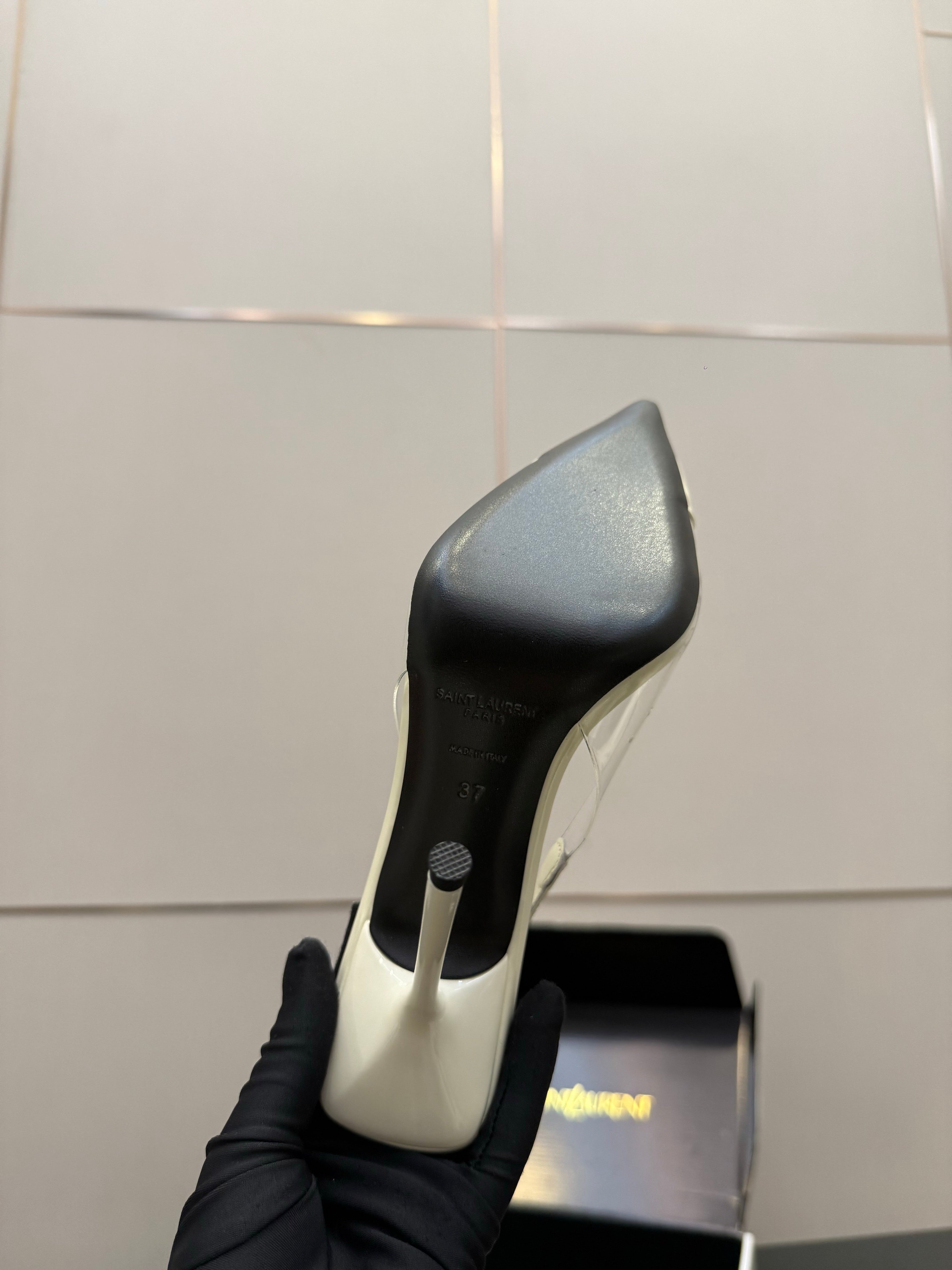 YSL 26S PLEATED SLINGBACK HEELS 105 MM IN CREAM WHITE GLOSSY CALFSKIN AND PVC