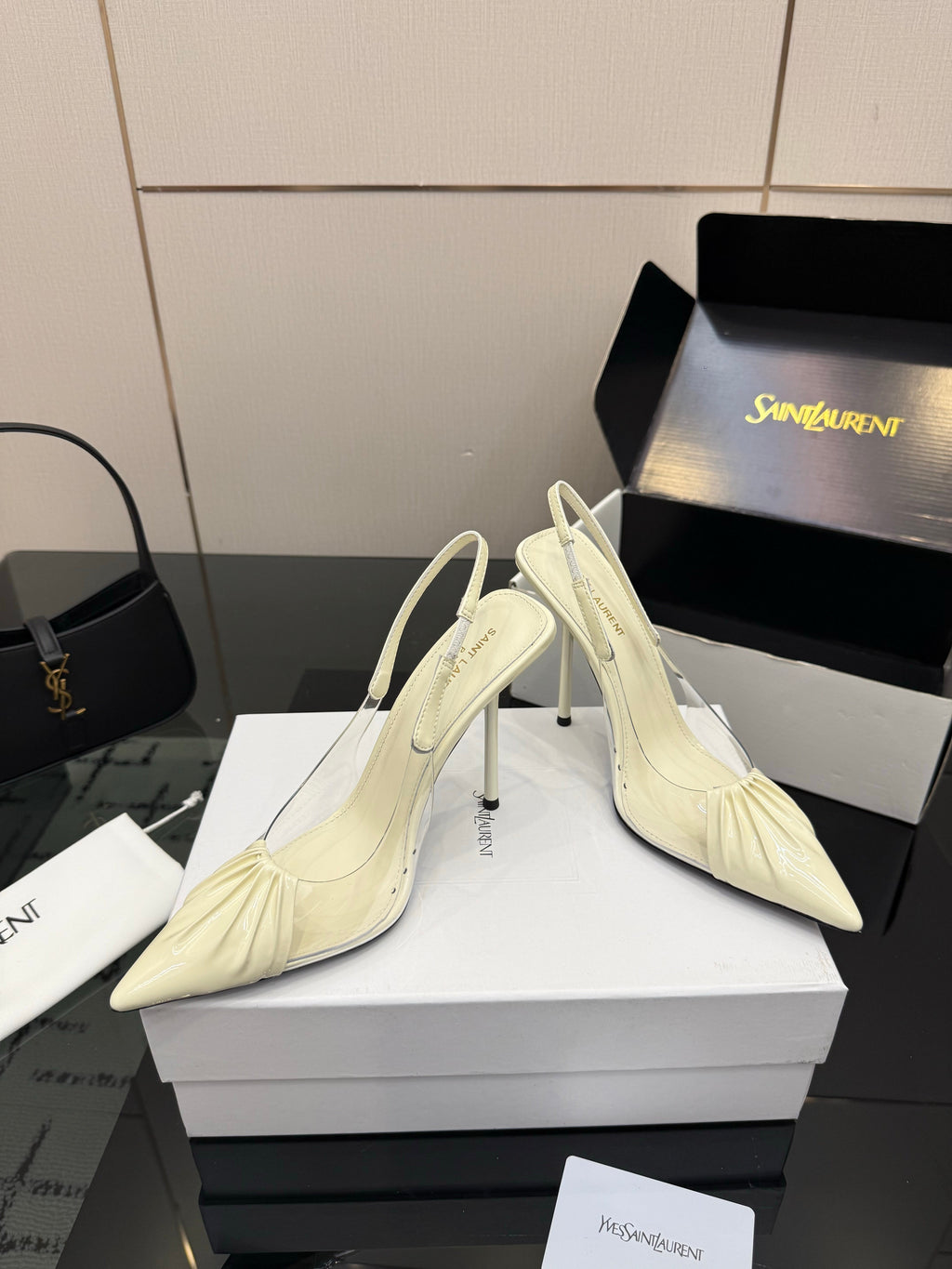 YSL 26S PLEATED SLINGBACK HEELS 105 MM IN CREAM WHITE GLOSSY CALFSKIN AND PVC