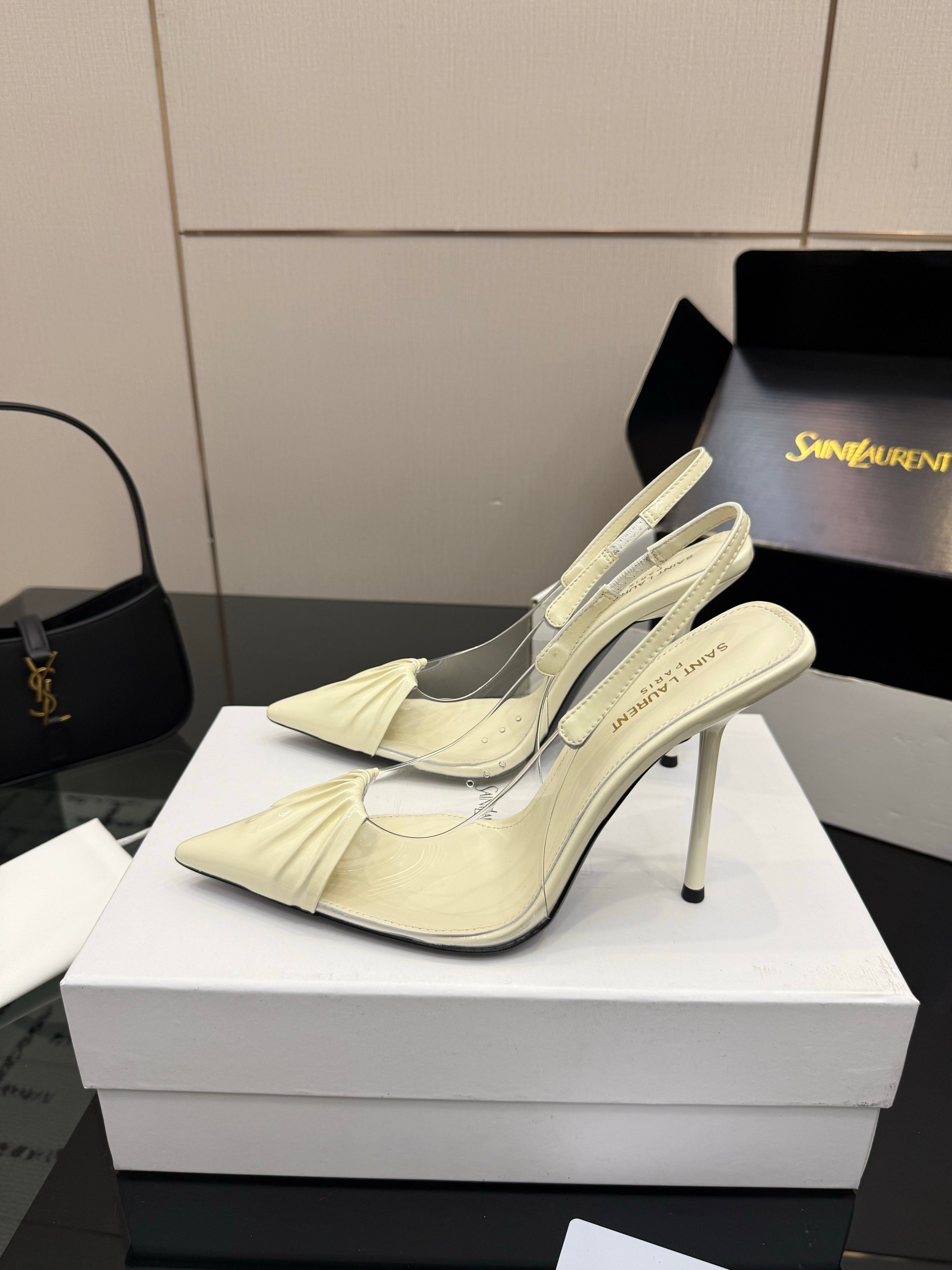 YSL 26S PLEATED SLINGBACK HEELS 105 MM IN CREAM WHITE GLOSSY CALFSKIN AND PVC