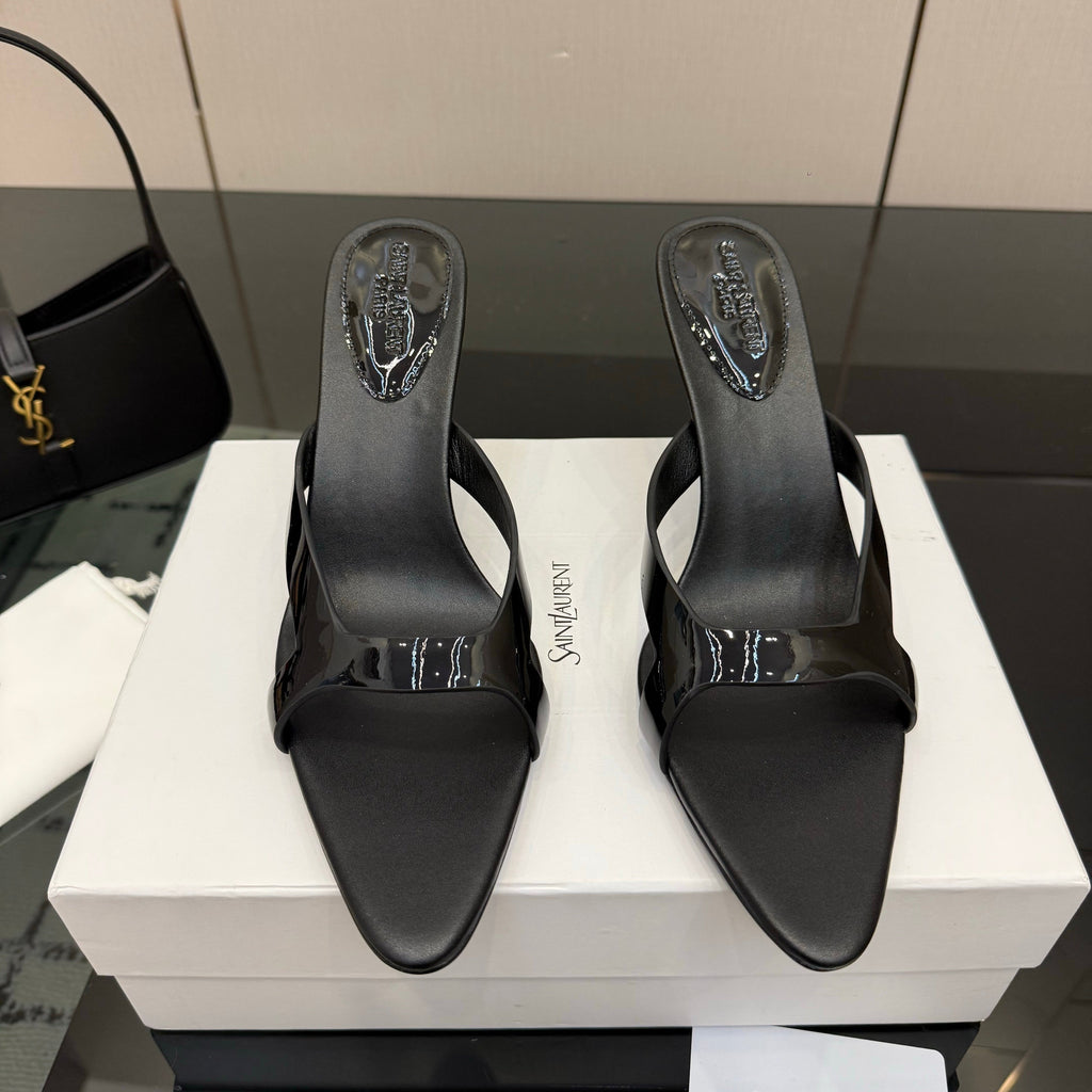 YSL 26S POINTED-TOE SANDALS 90 MM IN BLACK CALFSKIN