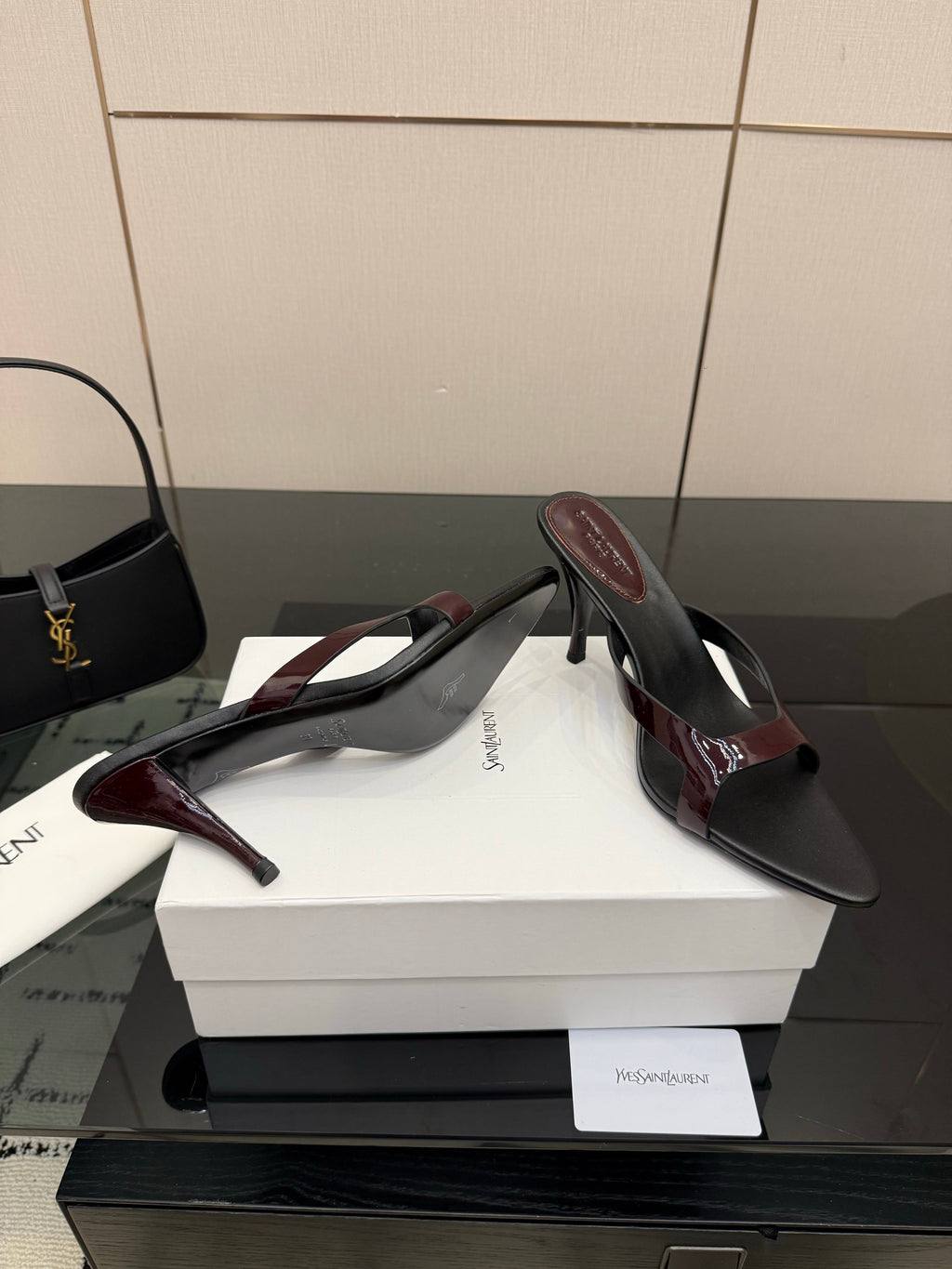 YSL 26S POINTED-TOE SANDALS 90 MM IN DARK RED AND BLACK CALFSKIN