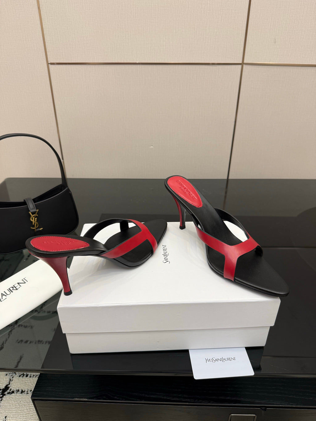YSL 26S POINTED-TOE SANDALS 90 MM IN RED AND BLACK CALFSKIN