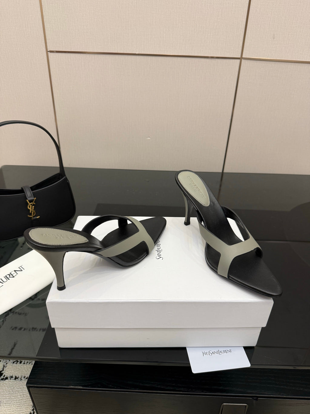 YSL 26S POINTED-TOE SANDALS 90 MM IN GREY AND BLACK CALFSKIN