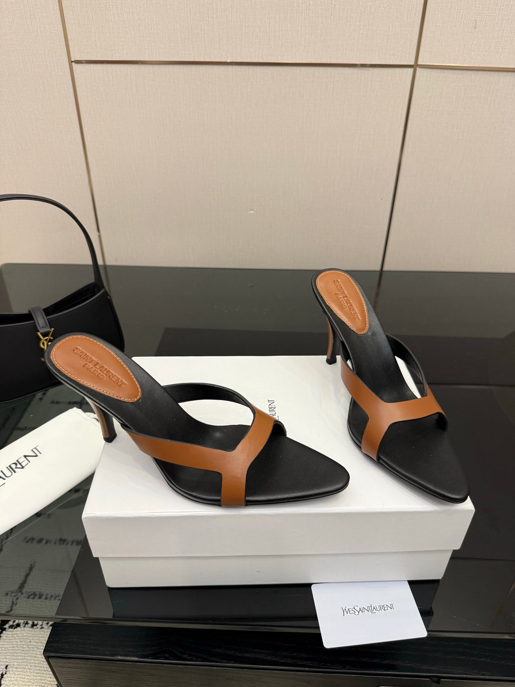 YSL 26S POINTED-TOE SANDALS 90 MM IN BROWN AND BLACK CALFSKIN