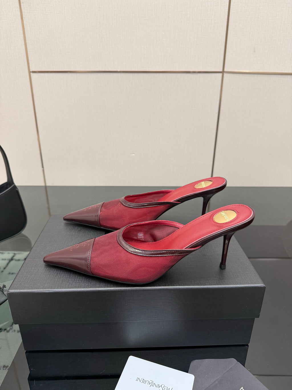 YSL 26S HIGH-HEEL MULES IN DARK RED CALFSKIN AND MESH FABRIC