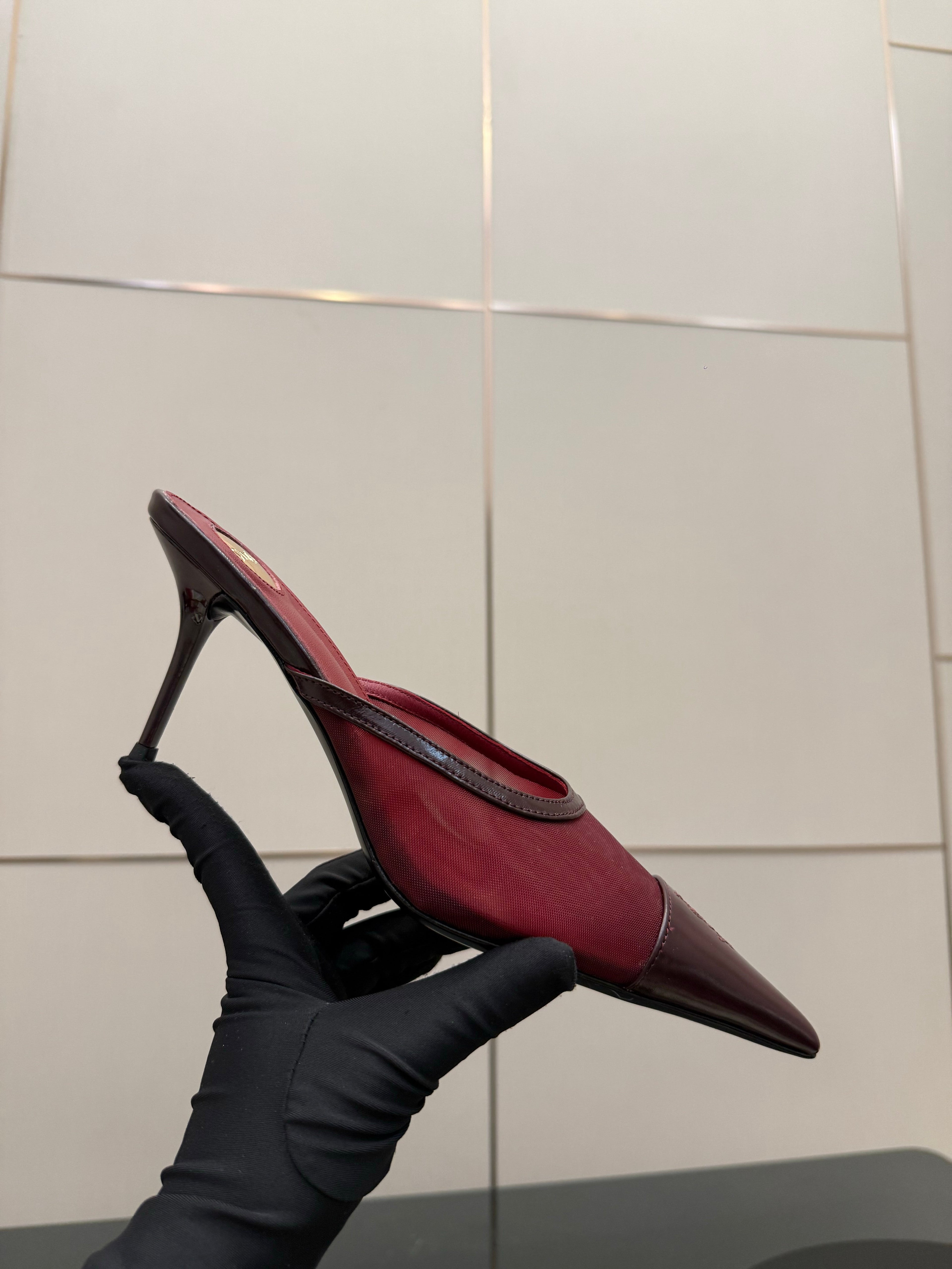 YSL 26S HIGH-HEEL MULES IN DARK RED CALFSKIN AND MESH FABRIC