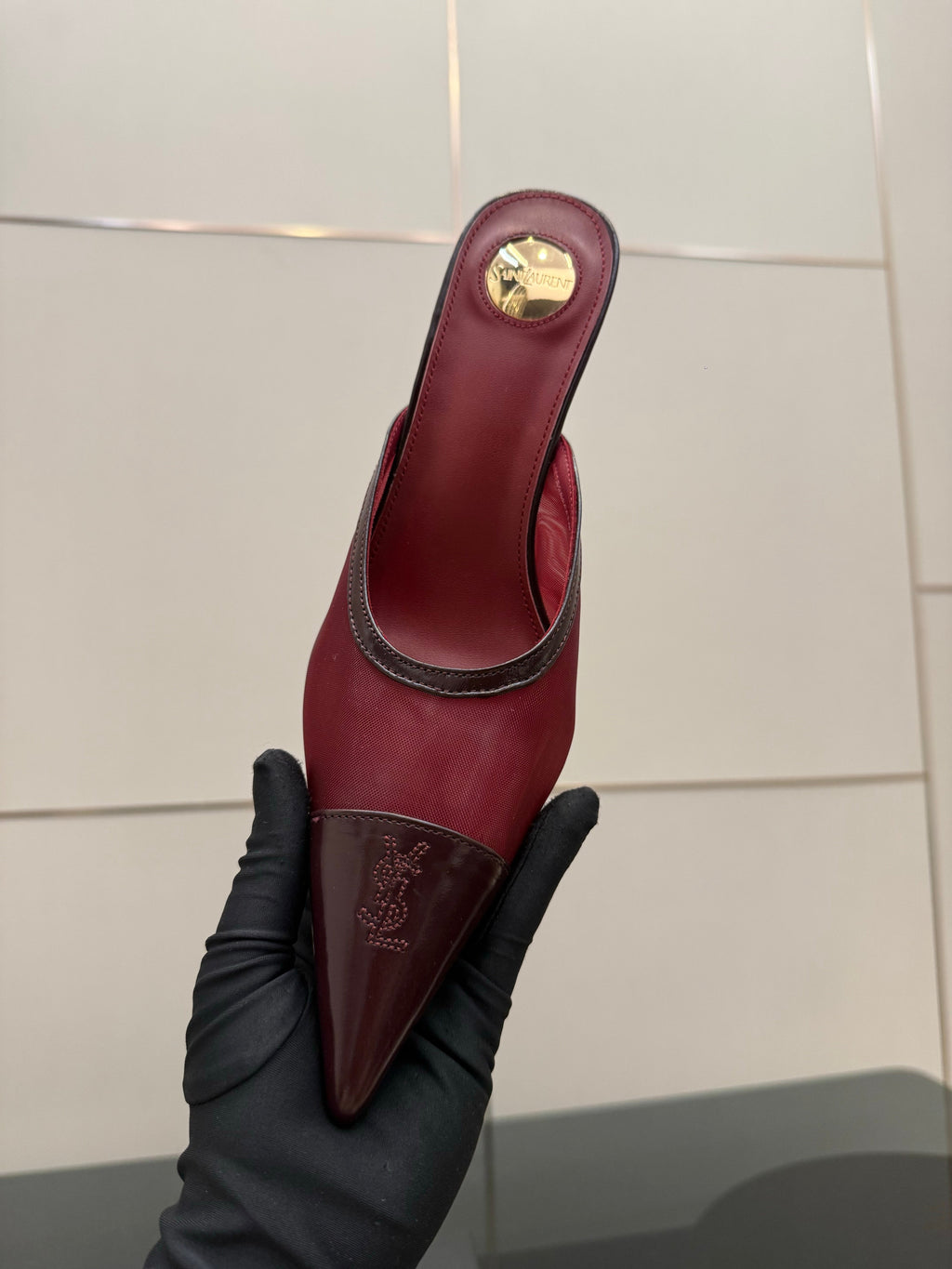 YSL 26S HIGH-HEEL MULES IN DARK RED CALFSKIN AND MESH FABRIC