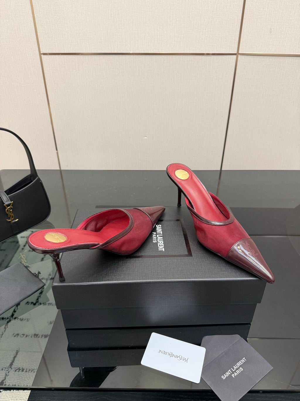 YSL 26S HIGH-HEEL MULES IN DARK RED CALFSKIN AND MESH FABRIC