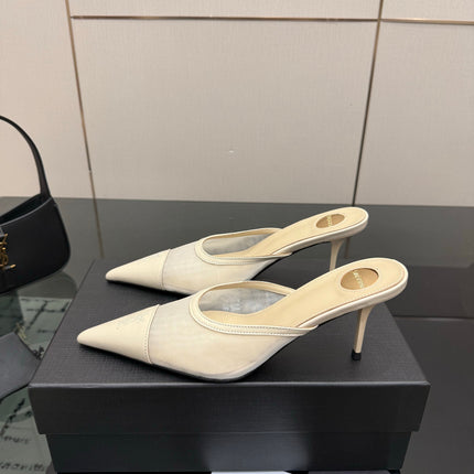 YSL 26S HIGH-HEEL MULES IN BEIGE CALFSKIN AND MESH FABRIC