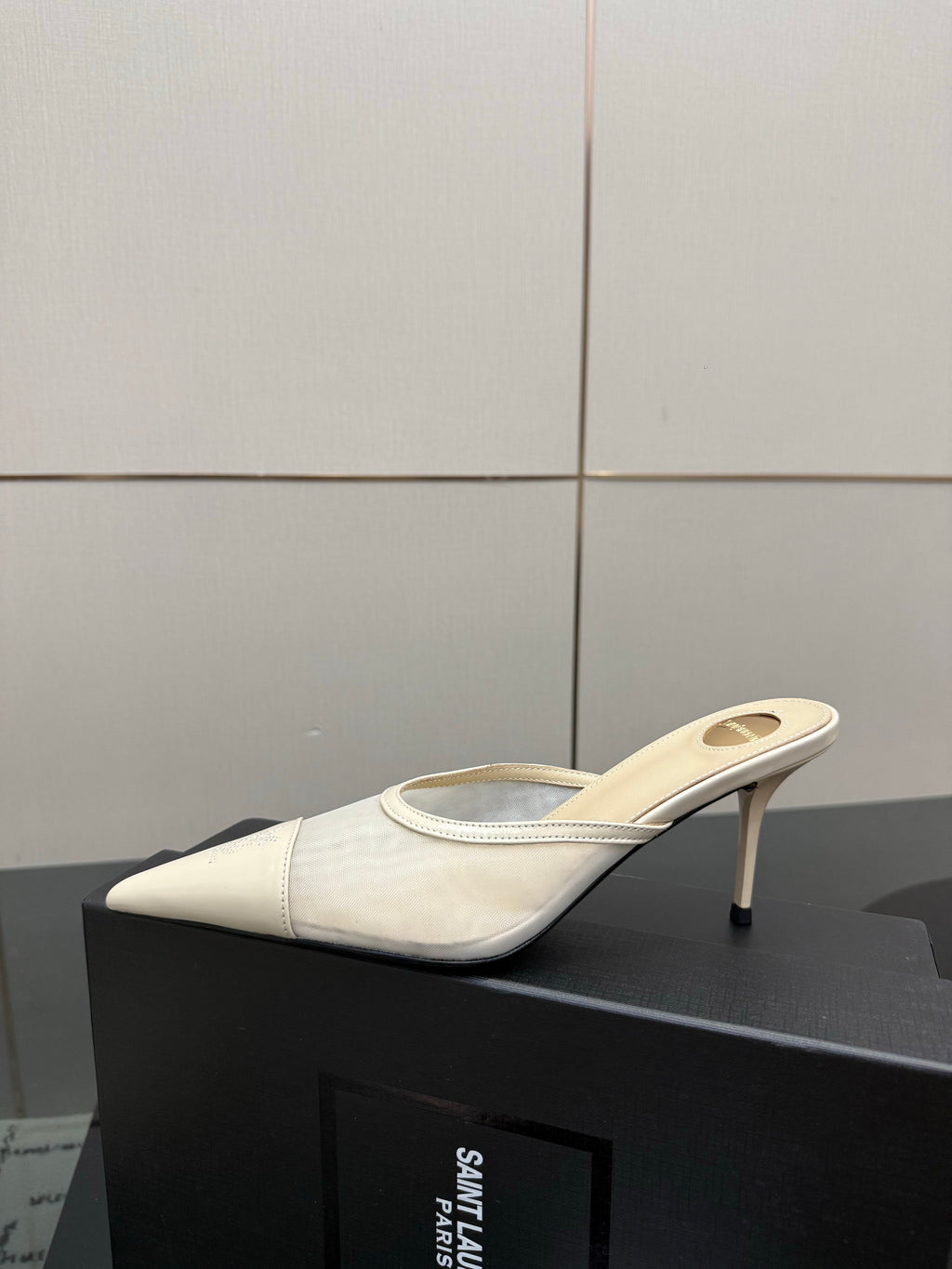 YSL 26S HIGH-HEEL MULES IN BEIGE CALFSKIN AND MESH FABRIC