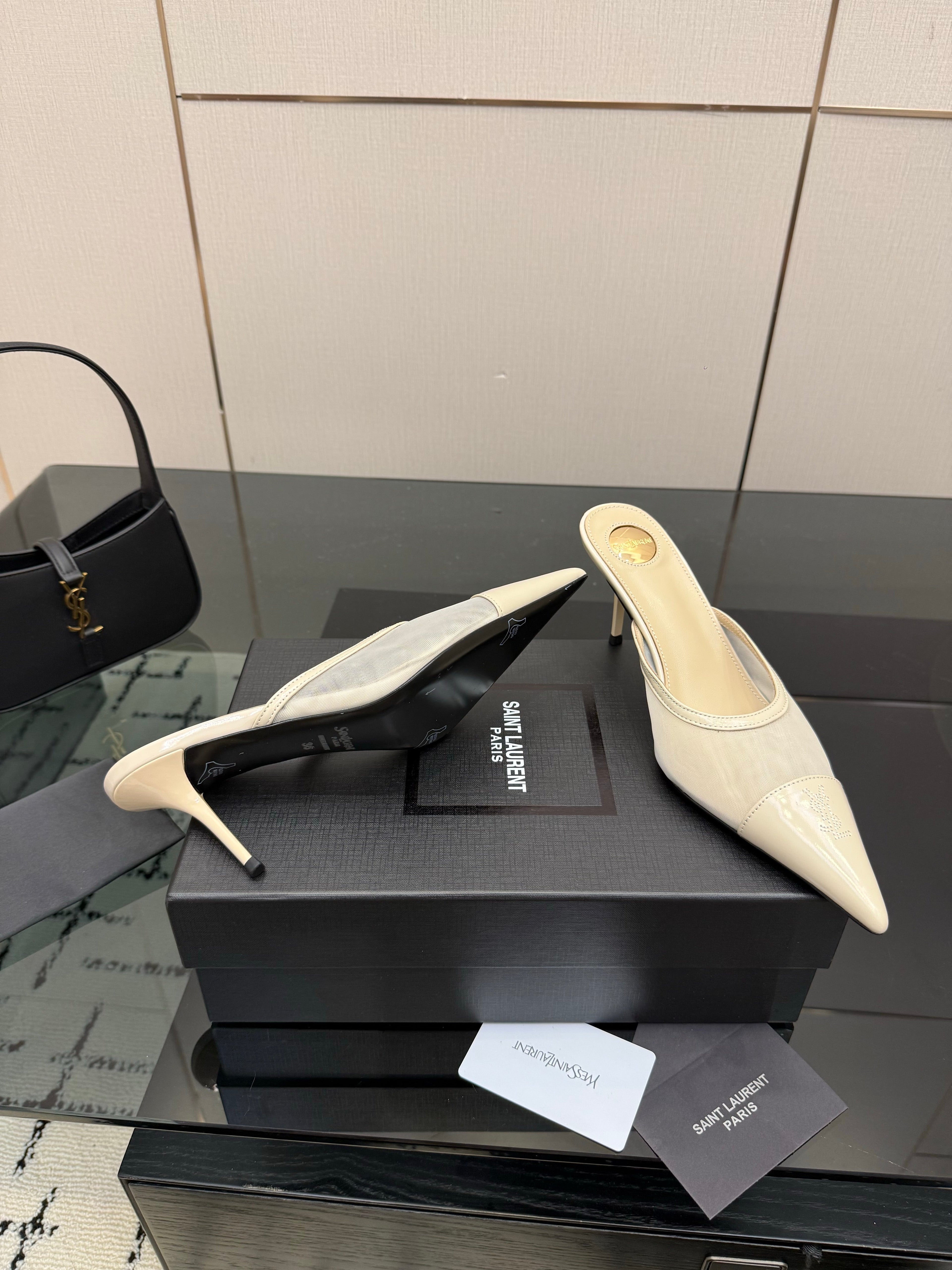YSL 26S HIGH-HEEL MULES IN BEIGE CALFSKIN AND MESH FABRIC