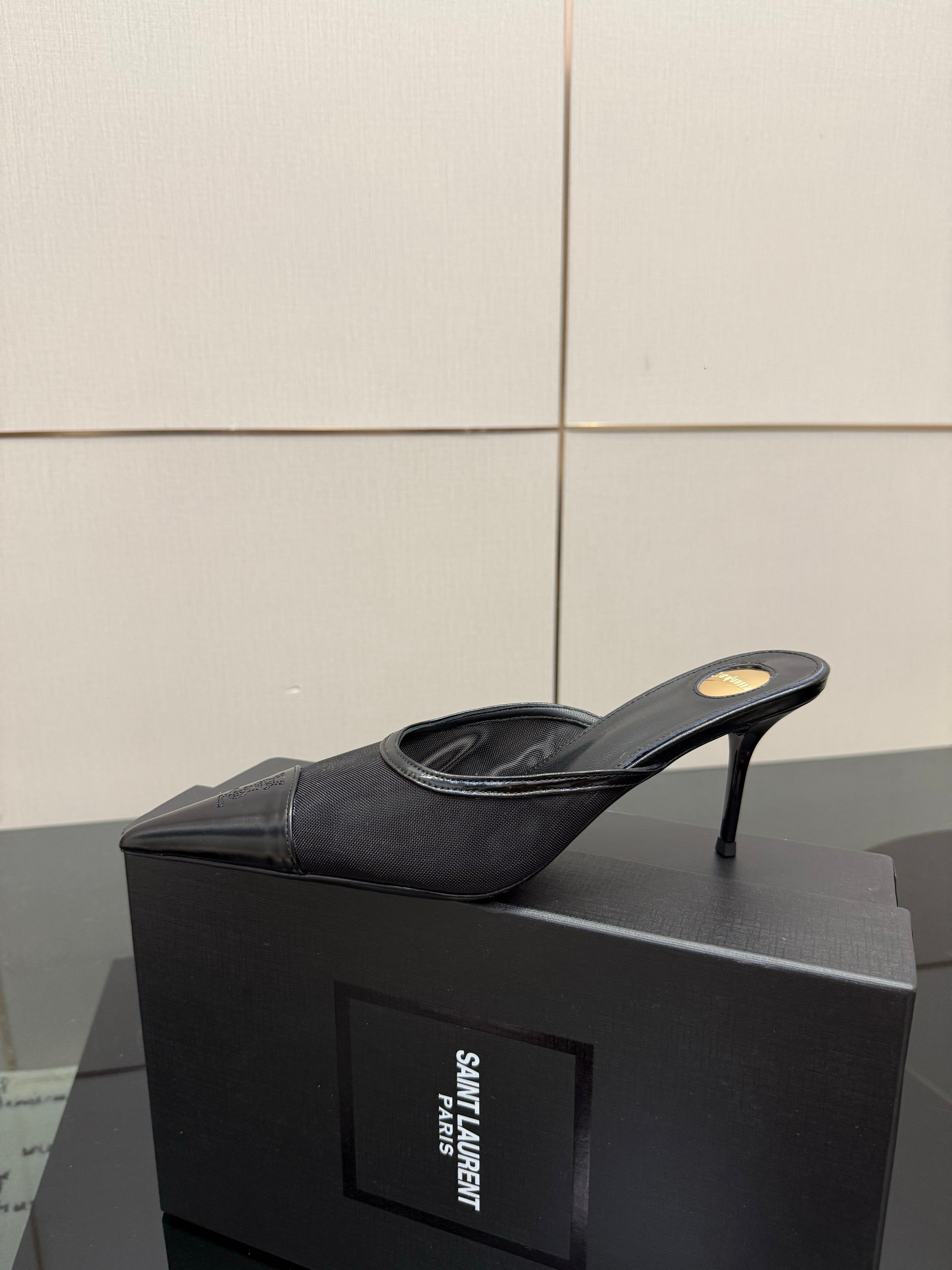 YSL 26S HIGH-HEEL MULES IN BLACK CALFSKIN AND MESH FABRIC
