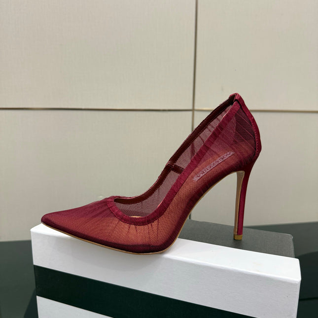 AQUAZZURA 26S OPTIC PUMPS 100 MM IN DARK RED PLEATED MESH & SATIN