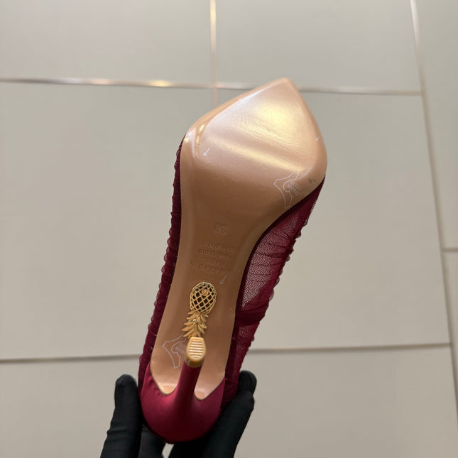 AQUAZZURA 26S OPTIC PUMPS 100 MM IN DARK RED PLEATED MESH & SATIN