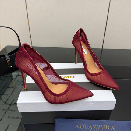 AQUAZZURA 26S OPTIC PUMPS 100 MM IN DARK RED PLEATED MESH & SATIN