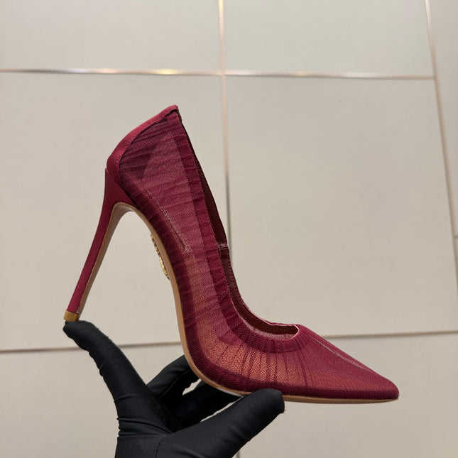 AQUAZZURA 26S OPTIC PUMPS 100 MM IN DARK RED PLEATED MESH & SATIN