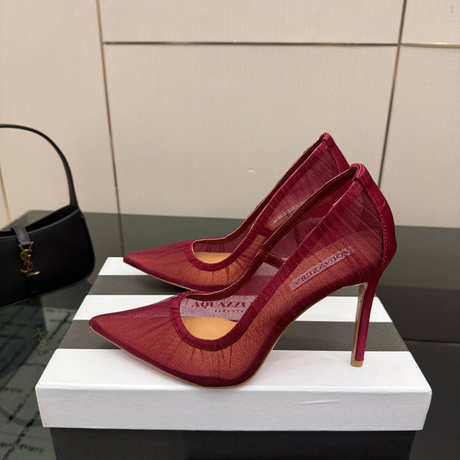 AQUAZZURA 26S OPTIC PUMPS 100 MM IN DARK RED PLEATED MESH & SATIN