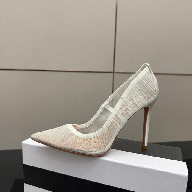 AQUAZZURA 26S OPTIC PUMPS 100 MM IN WHITE PLEATED MESH & SATIN